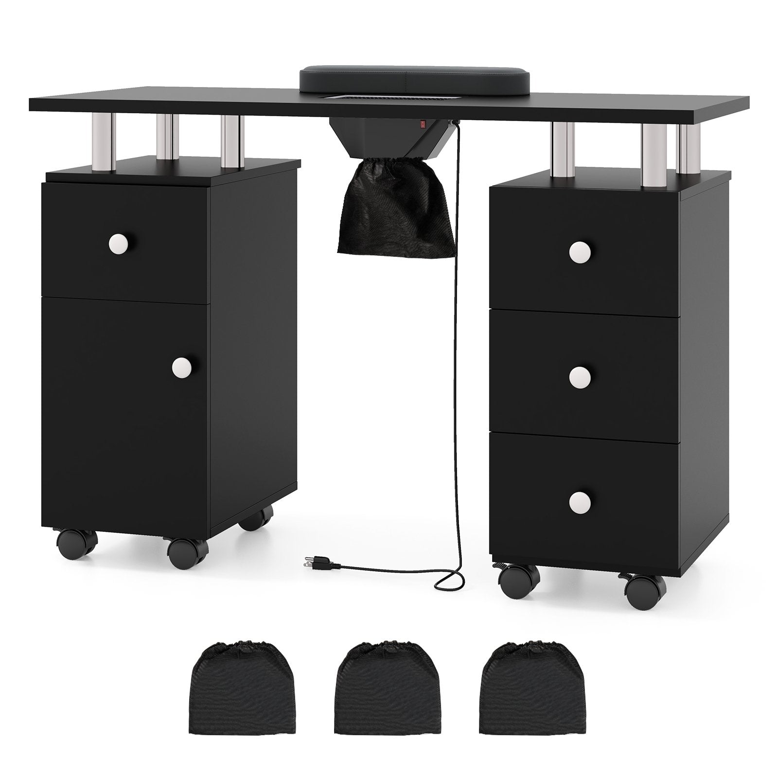 Manicure Table Nail Desk with Electric Dust Collector and 3 Dust Bags-Black