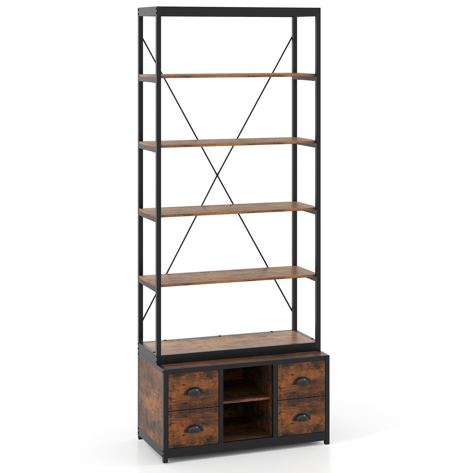8-tier Bookshelf with 4 Fabric Drawers  and Heavy-duty Metal Frame-Coffee