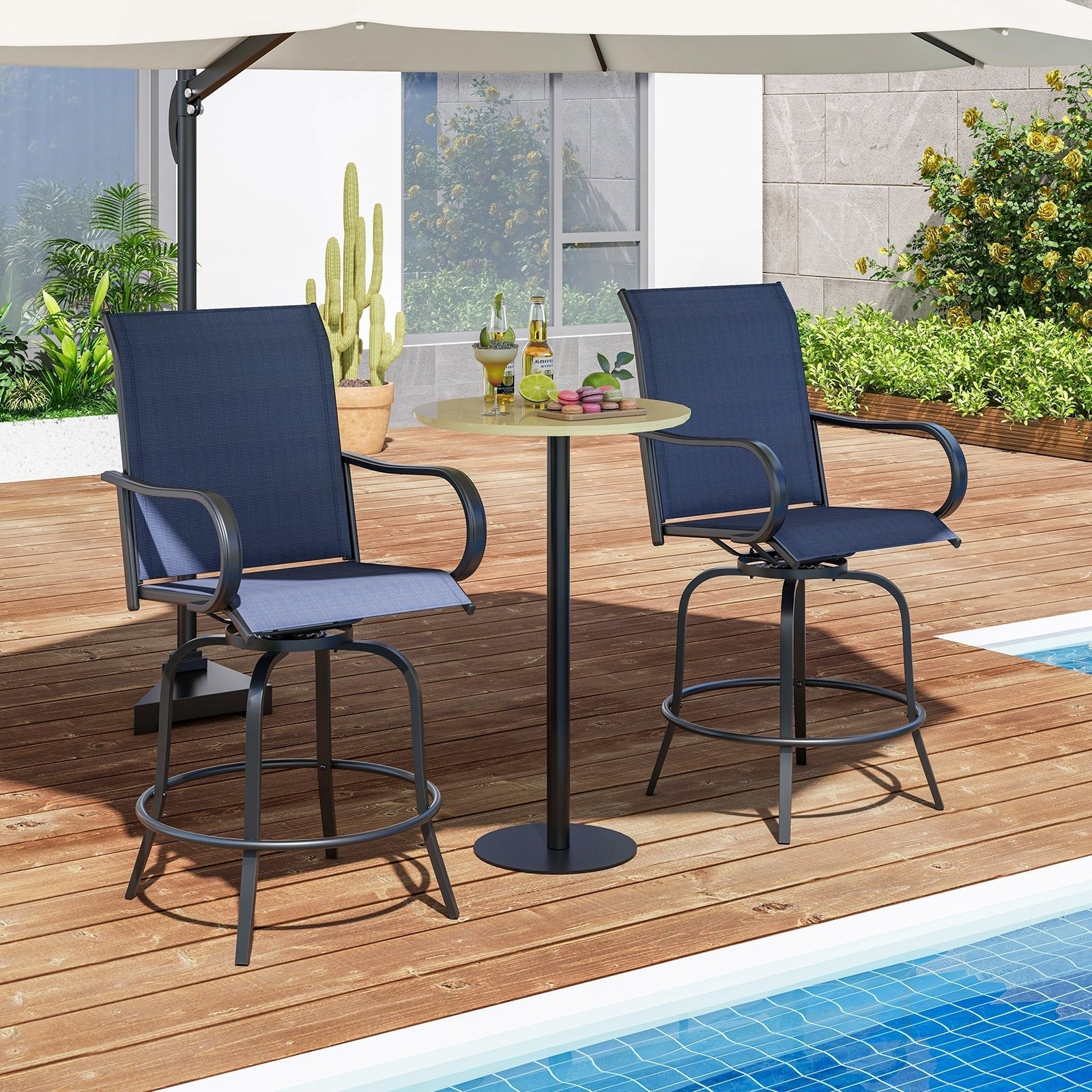 2 Pieces 360 Rotating Bar Stool Set with Armrests for Patio-Black
