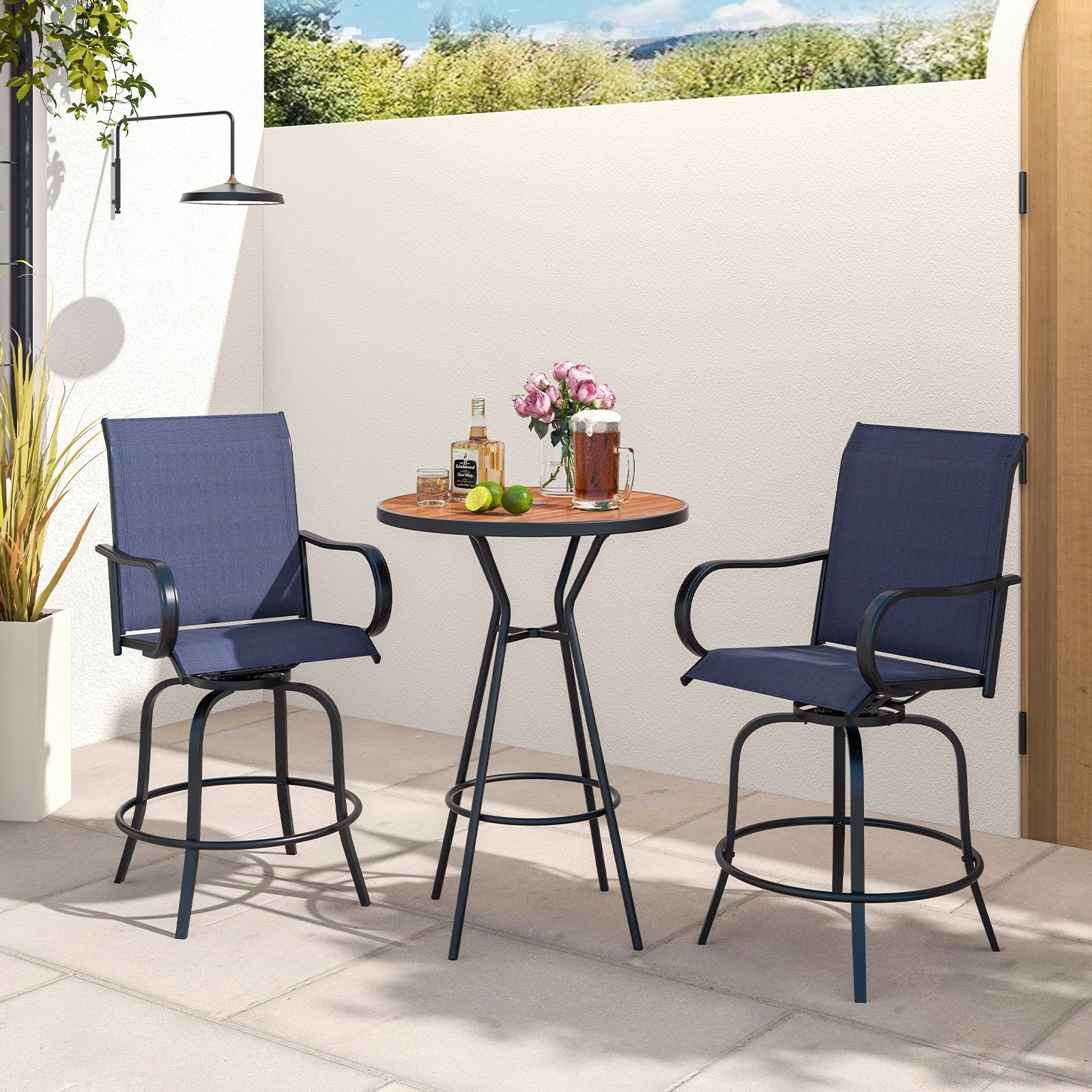 2 Pieces 360 Rotating Bar Stool Set with Armrests for Patio-Black