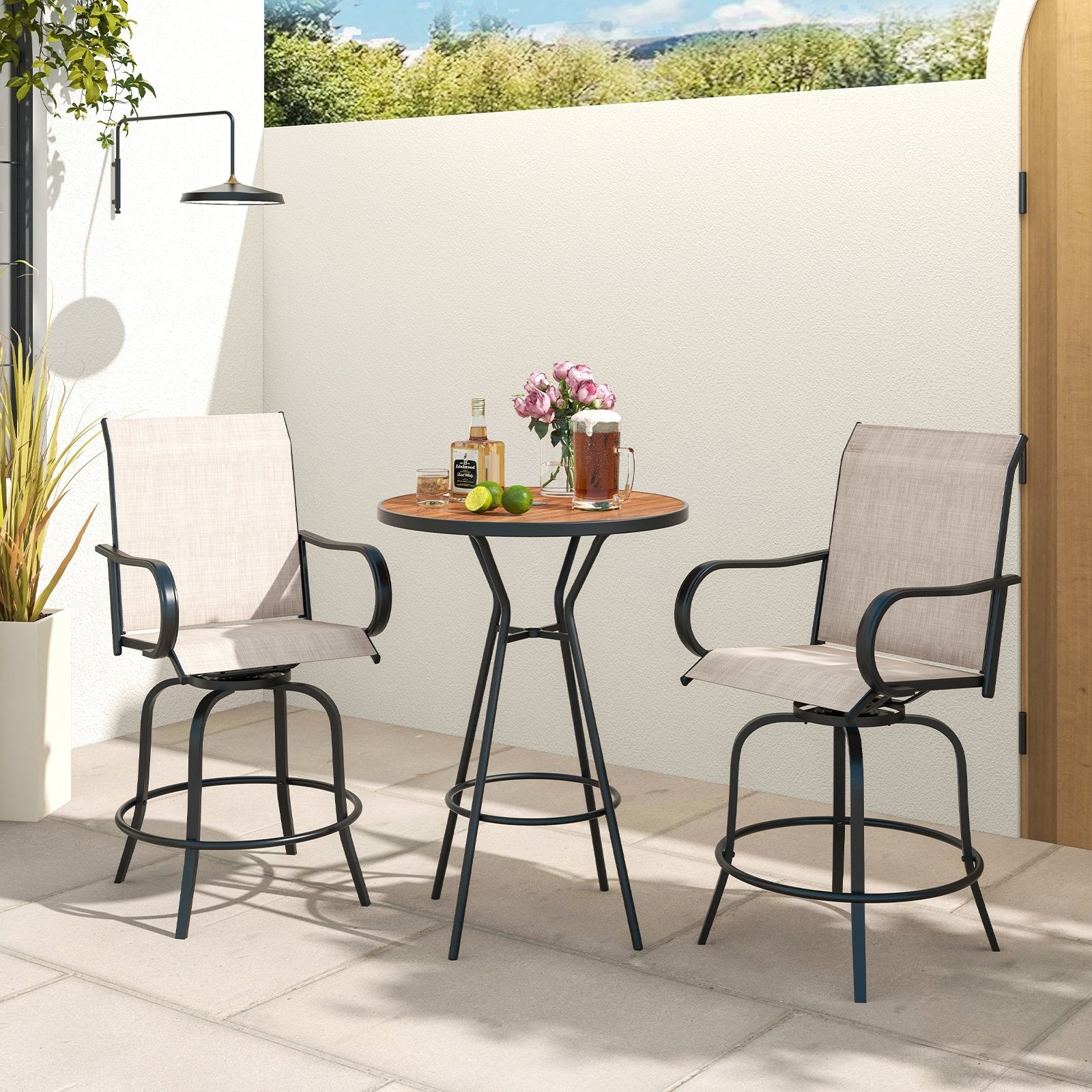 2 Pieces 360 Rotating Bar Stool Set with Armrests for Patio-Black