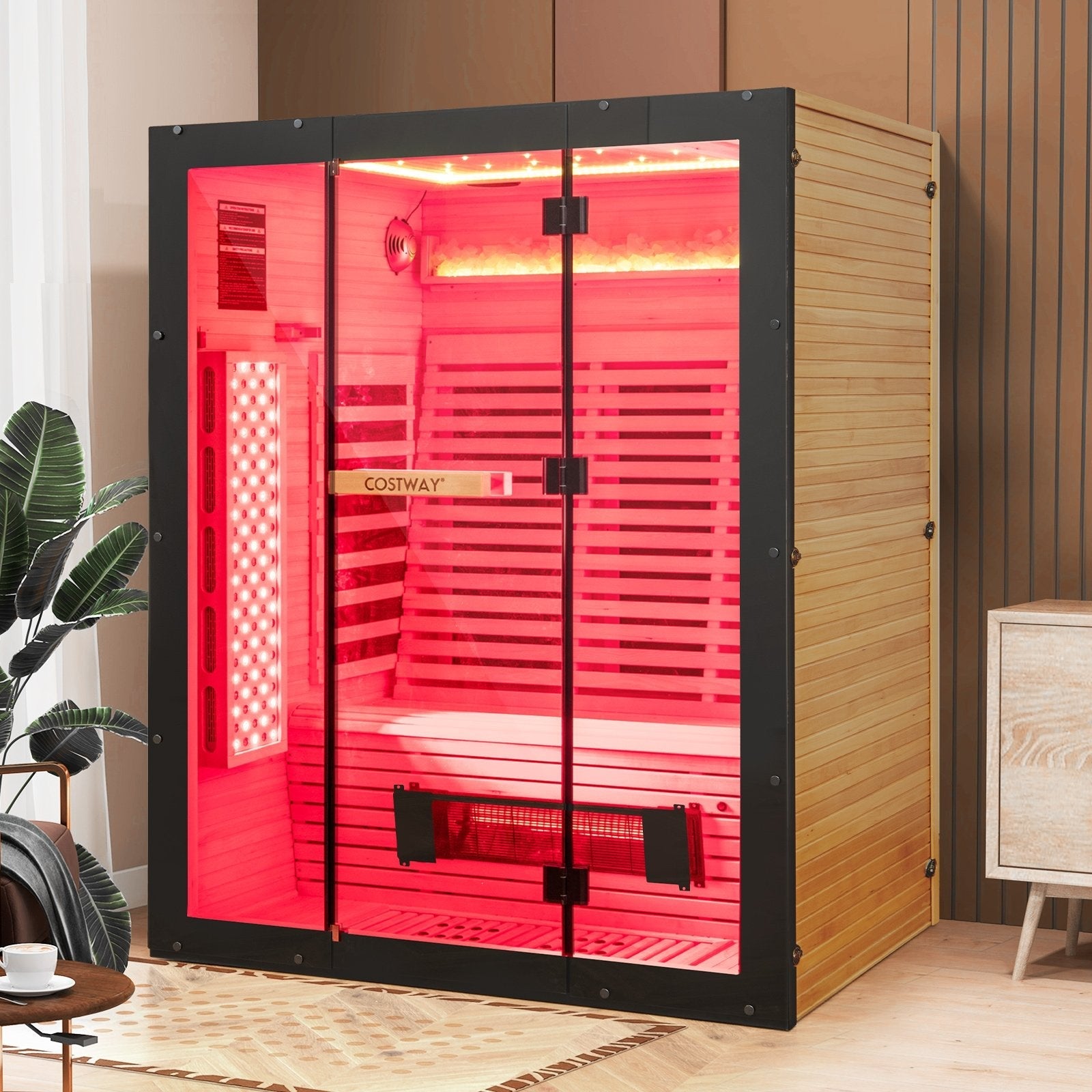Infrared Wooden Sauna Room for 3 People with Heating Panels and Red Light Tubes