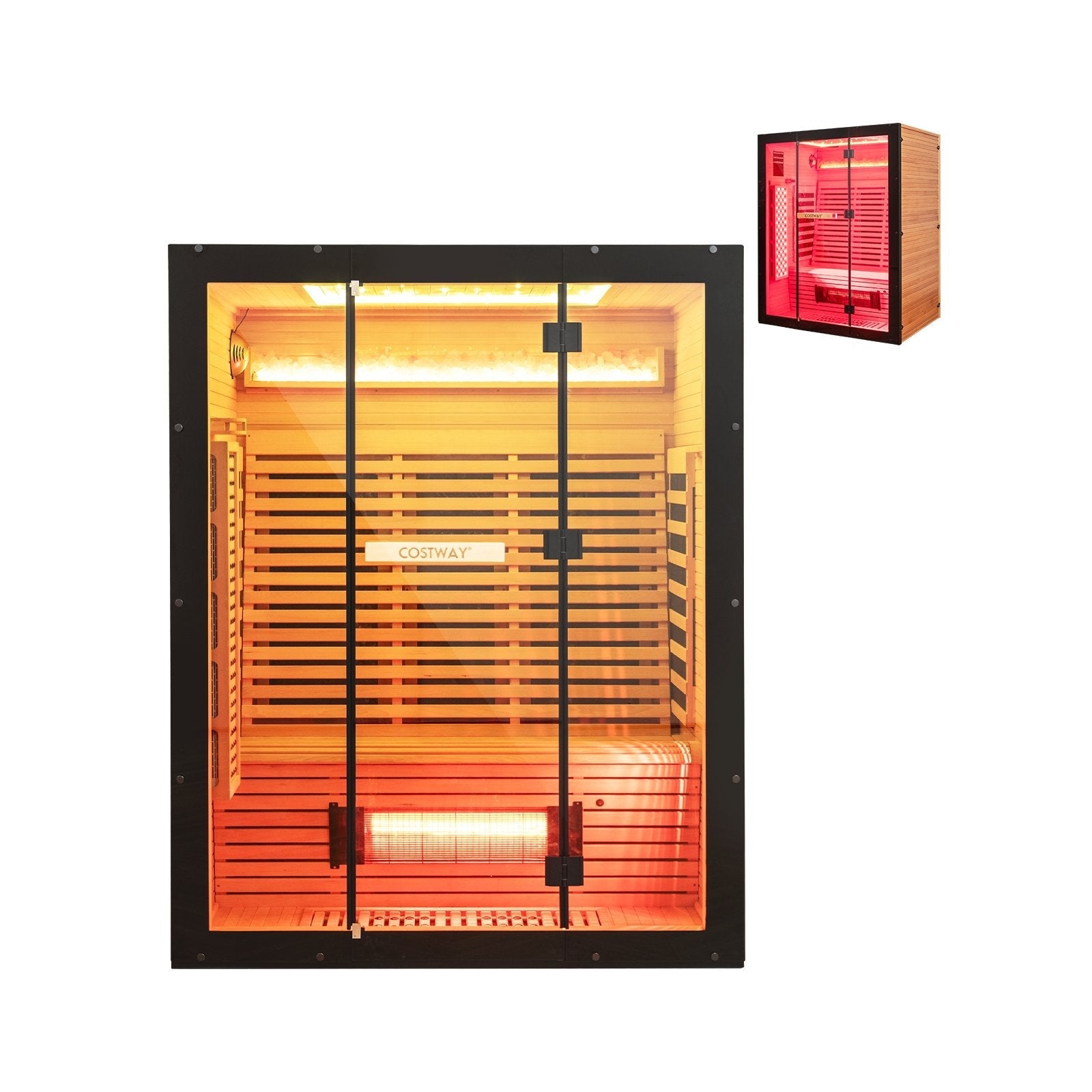 Infrared Wooden Sauna Room for 3 People with Heating Panels and Red Light Tubes