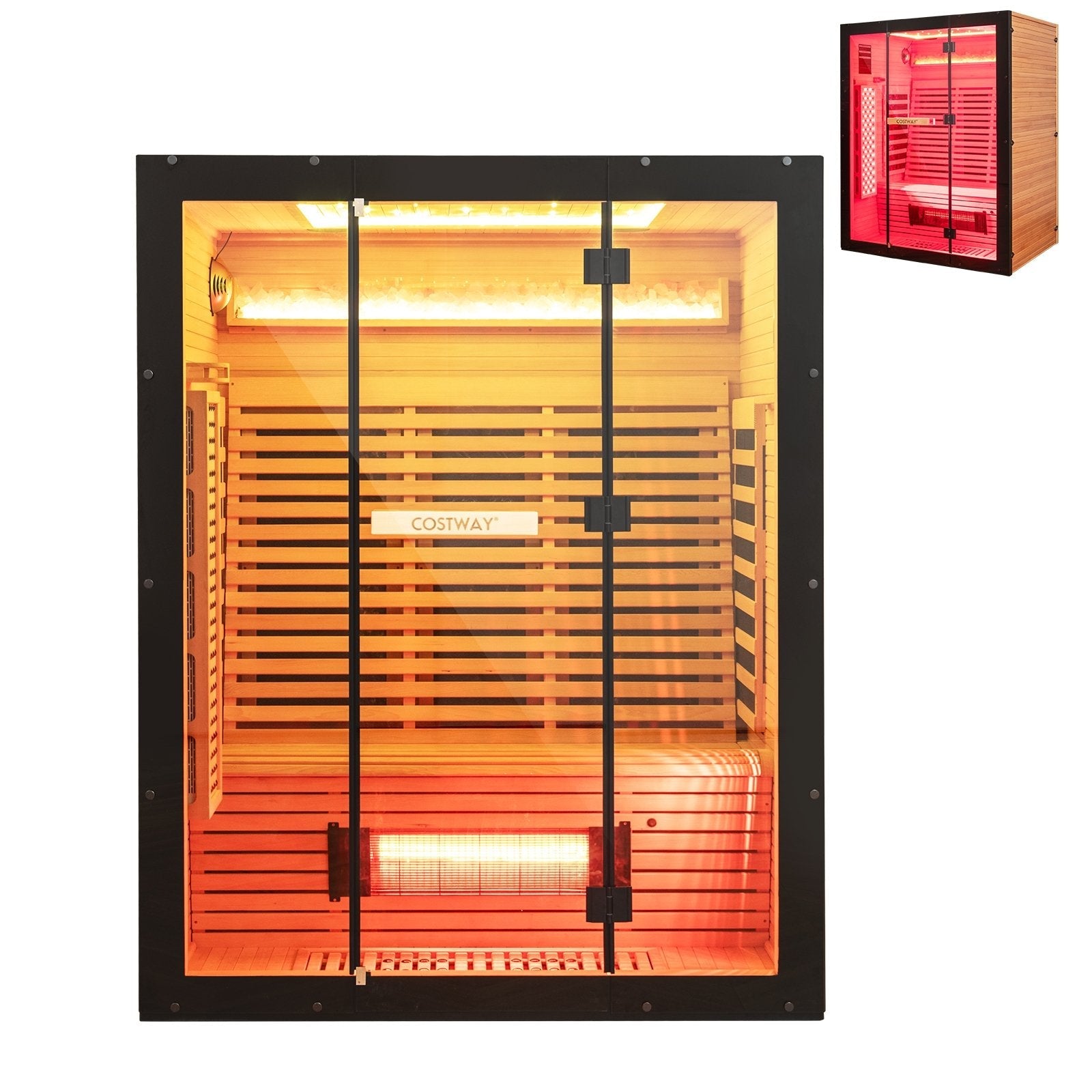 Infrared Wooden Sauna Room for 3 People with Heating Panels and Red Light Tubes