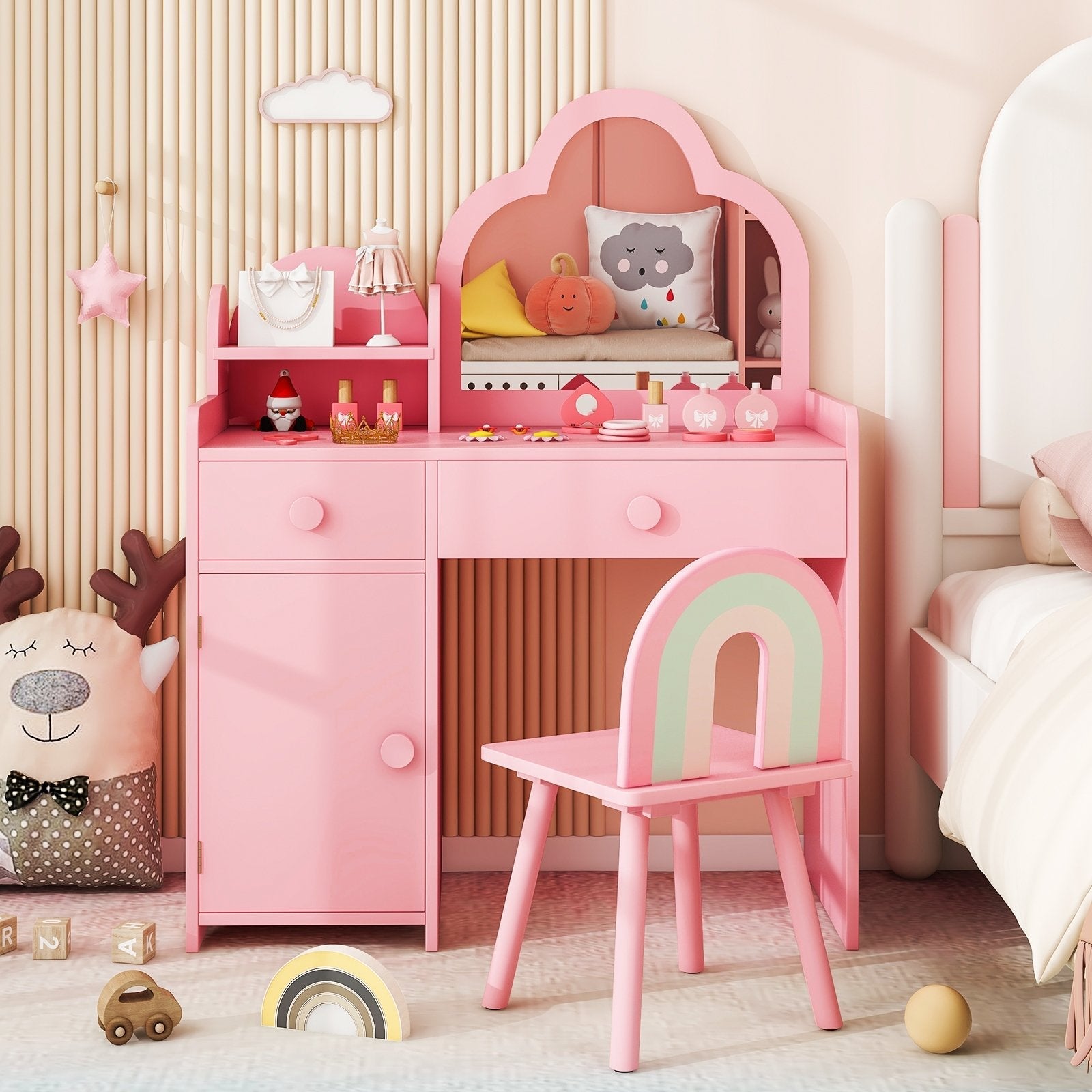 Kids Vanity Table and Chair Set with Cloud-shaped Mirror and Open Shelf-Pink