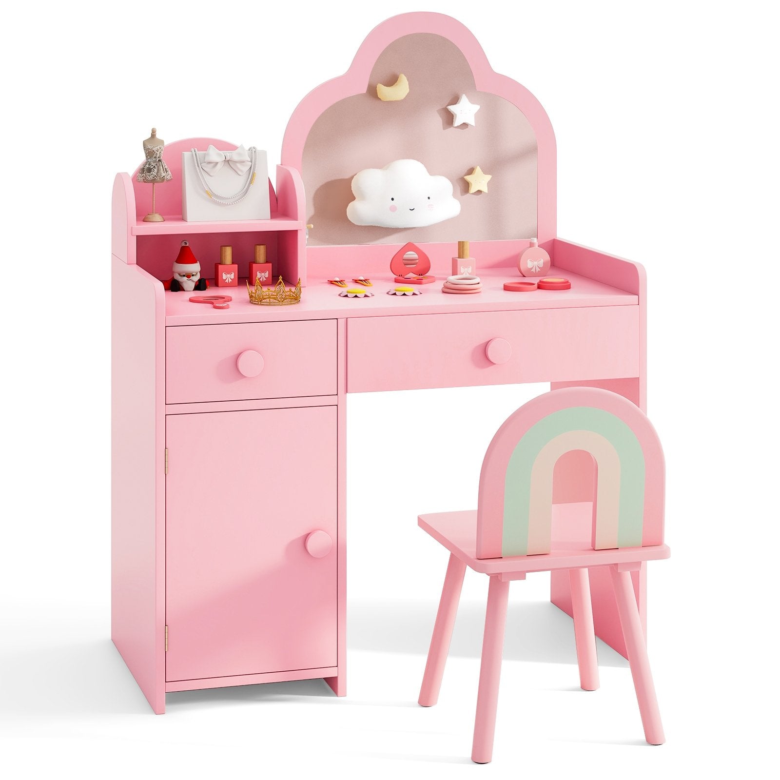 Kids Vanity Table and Chair Set with Cloud-shaped Mirror and Open Shelf-Pink