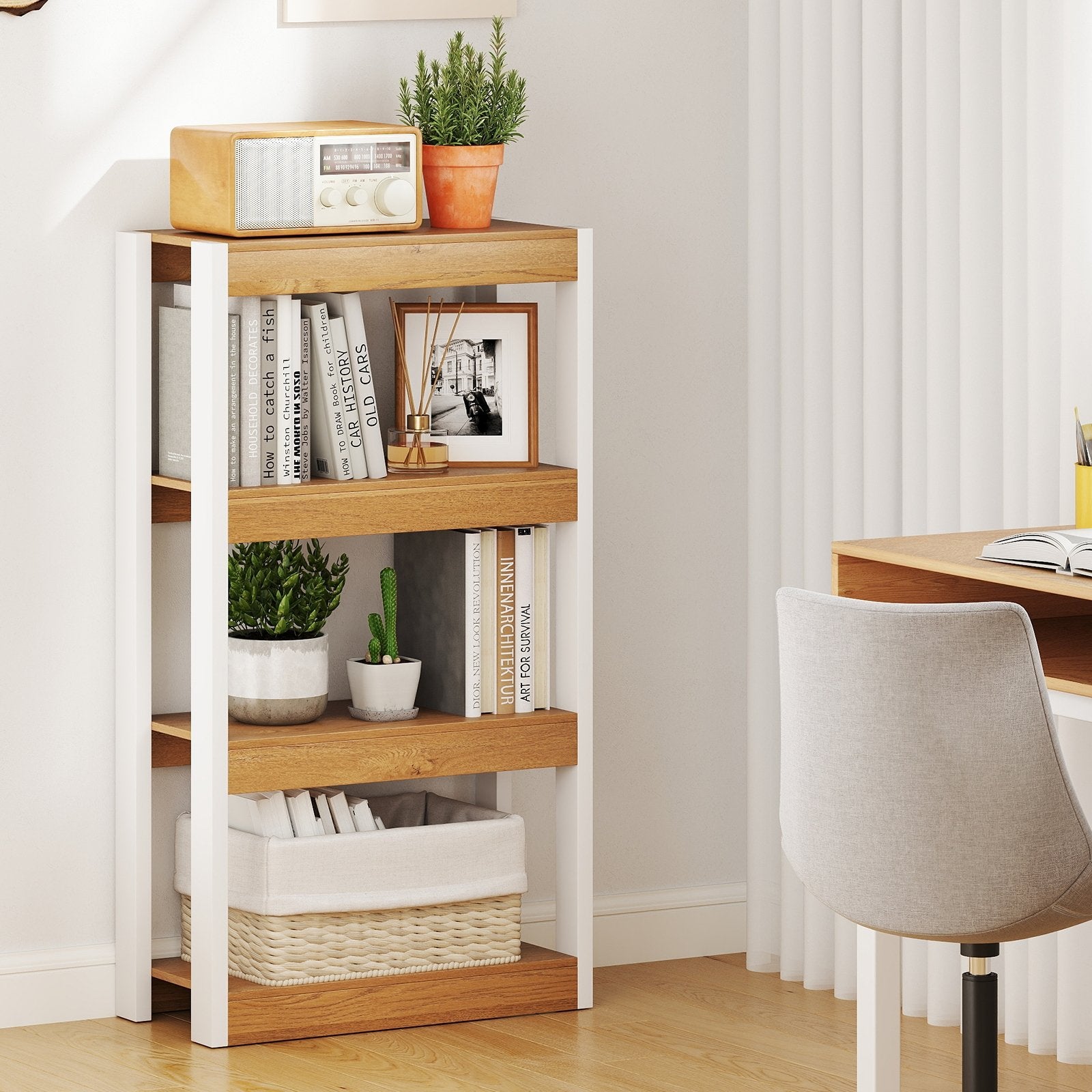 4 Tier Bookshelf Wooden Bookcase with Dual Anti-Tipping Kits-Natural