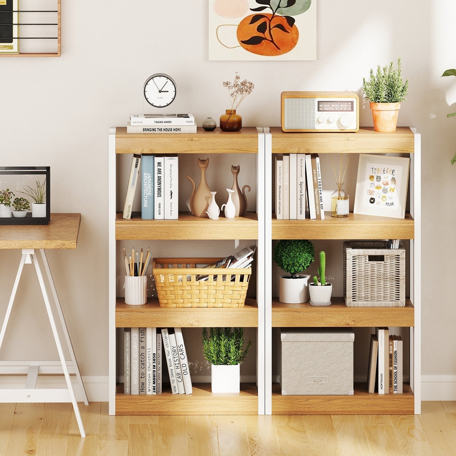 4 Tier Bookshelf Wooden Bookcase with Dual Anti-Tipping Kits-Natural