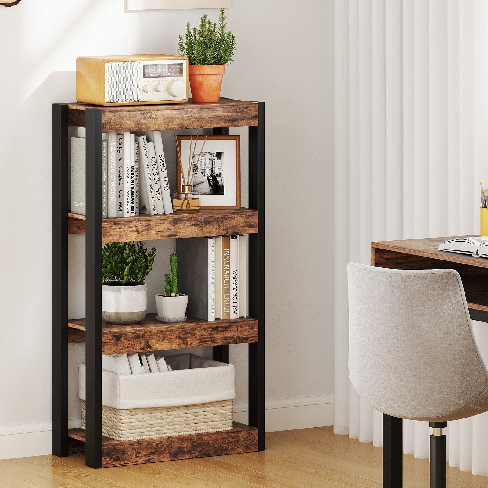 4 Tier Bookshelf Wooden Bookcase with Dual Anti-Tipping Kits-Natural