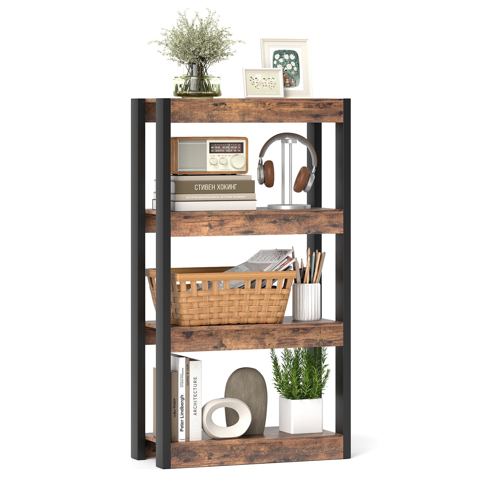 4 Tier Bookshelf Wooden Bookcase with Dual Anti-Tipping Kits-Natural