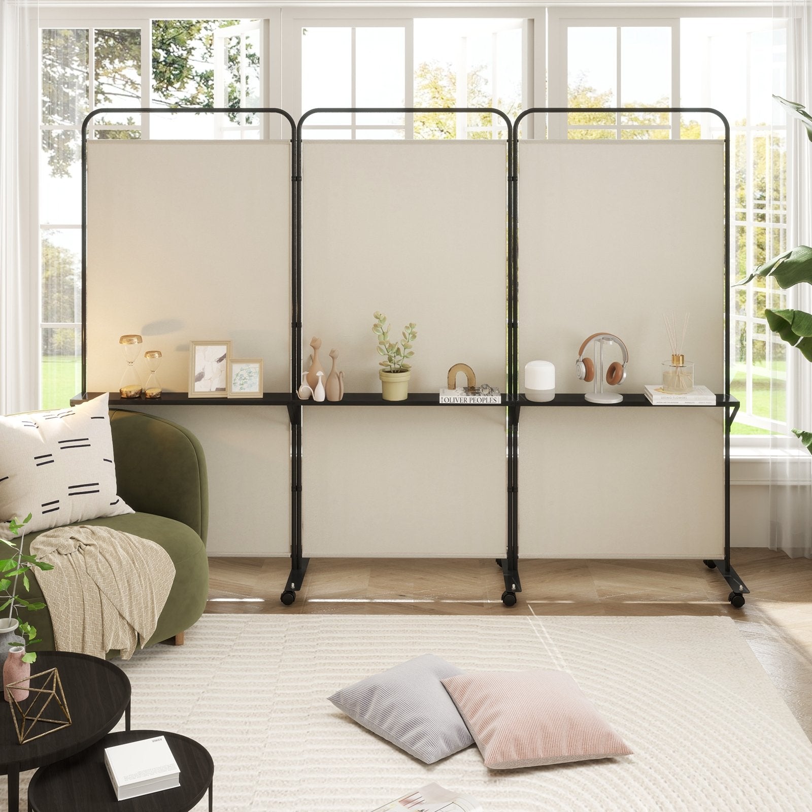 3-Panel Folding Room Divider with 3 Metal Shelves and Lockable Wheels-White
