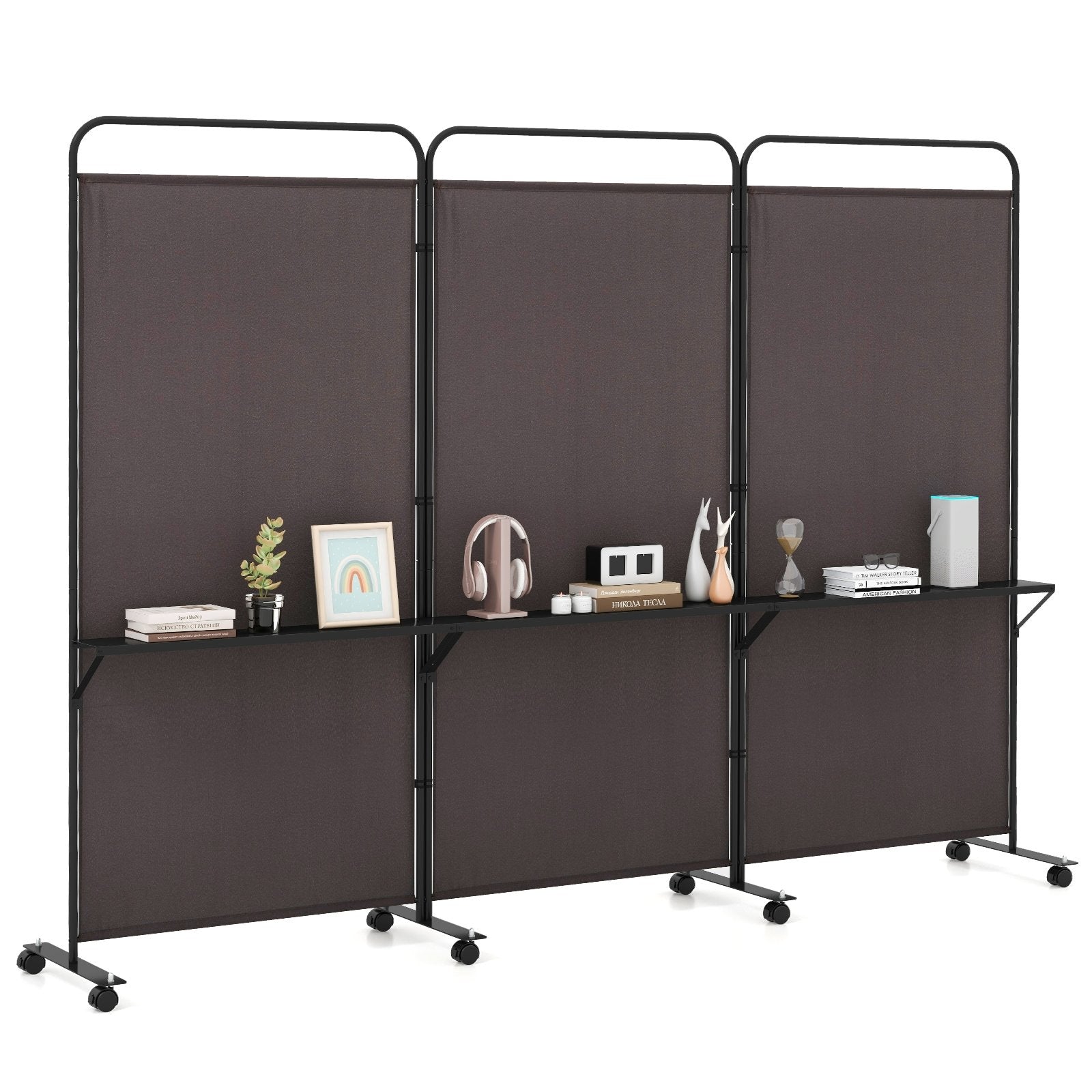 3-Panel Folding Room Divider with 3 Metal Shelves and Lockable Wheels-White