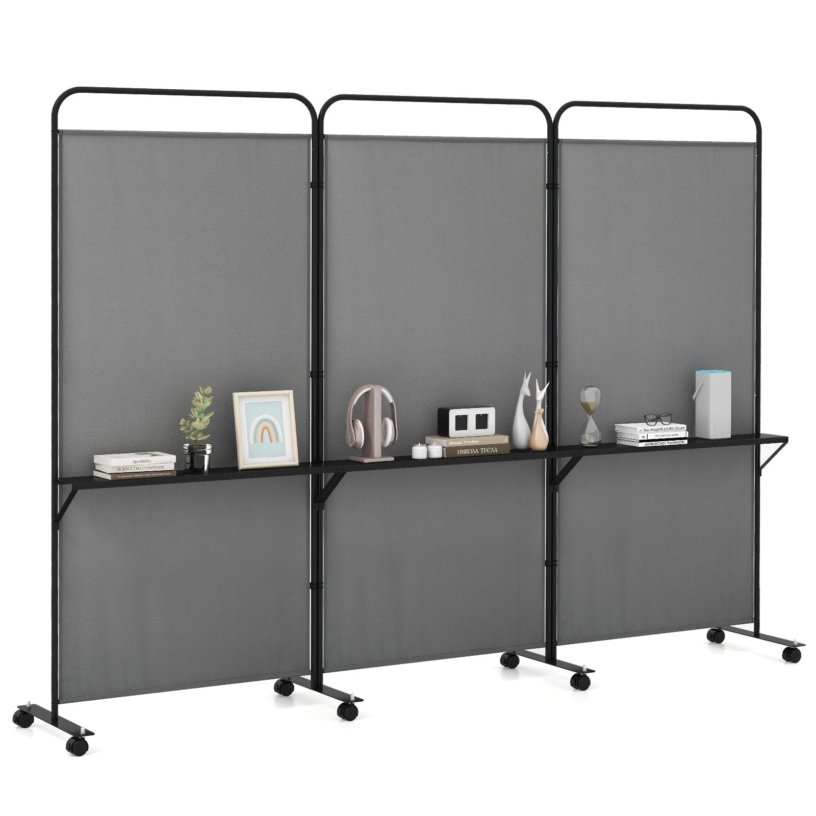 3-Panel Folding Room Divider with 3 Metal Shelves and Lockable Wheels-White