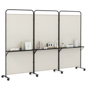 3-Panel Folding Room Divider with 3 Metal Shelves and Lockable Wheels-White
