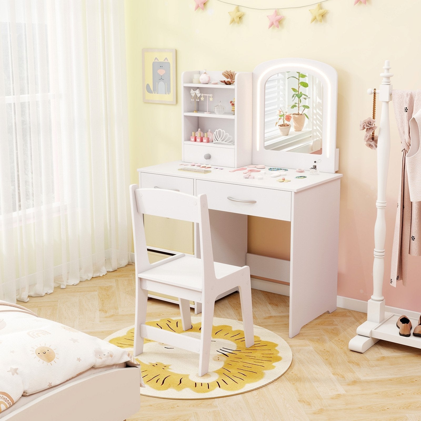 Kids Vanity Set with Lighted Mirror Makeup Desk and Chair Set with Drawers-Pink