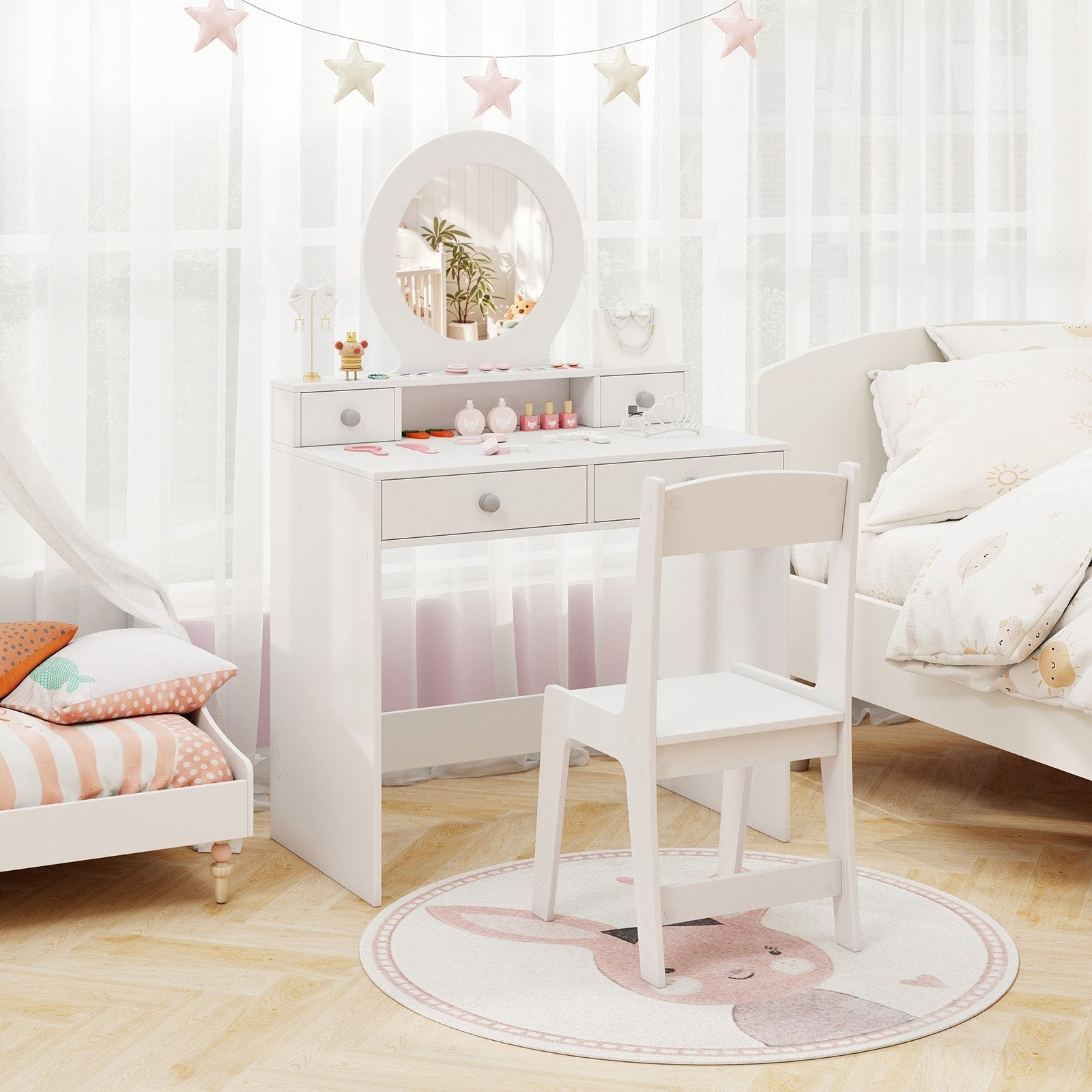 Kids Vanity Set with Mirror Princess Makeup Dressing Desk and Chair Set with Mirror-Pink