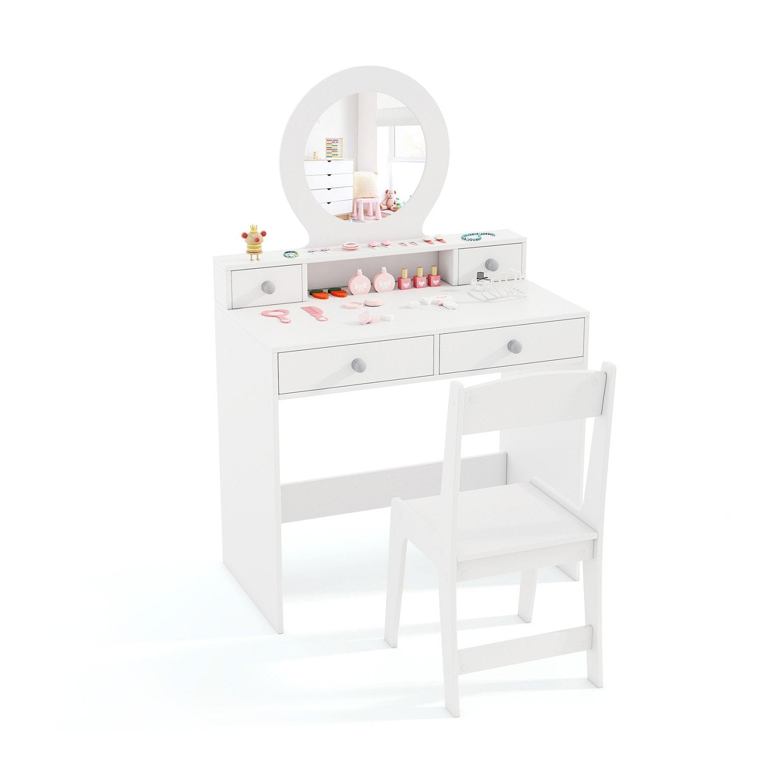 Kids Vanity Set with Mirror Princess Makeup Dressing Desk and Chair Set with Mirror-Pink