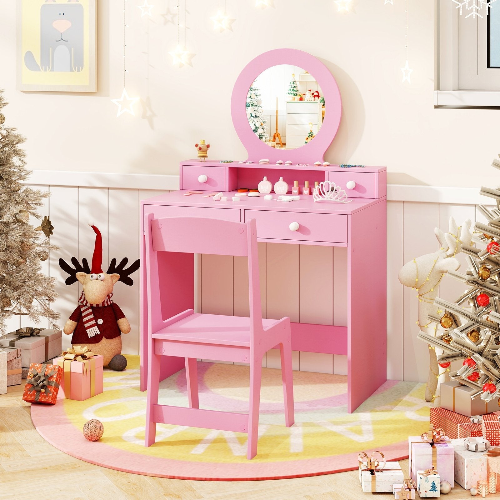 Kids Vanity Set with Mirror Princess Makeup Dressing Desk and Chair Set with Mirror-Pink