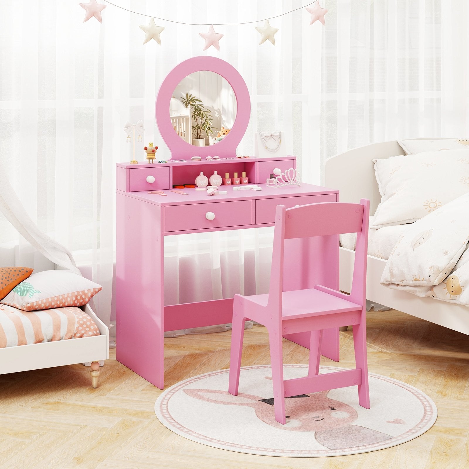 Kids Vanity Set with Mirror Princess Makeup Dressing Desk and Chair Set with Mirror-Pink