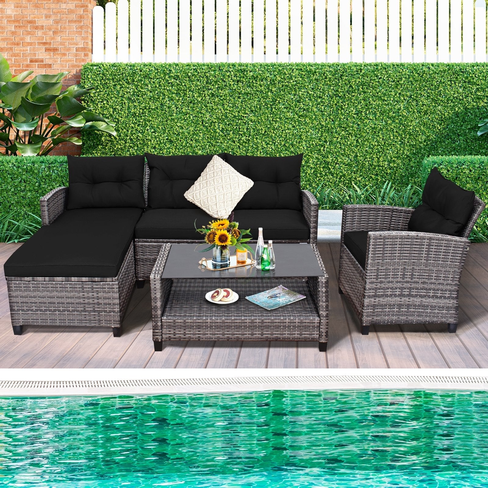 4 Pieces Patio Rattan Sofa Furniture Set with Cushion and 2-Tier Coffee Table-Black