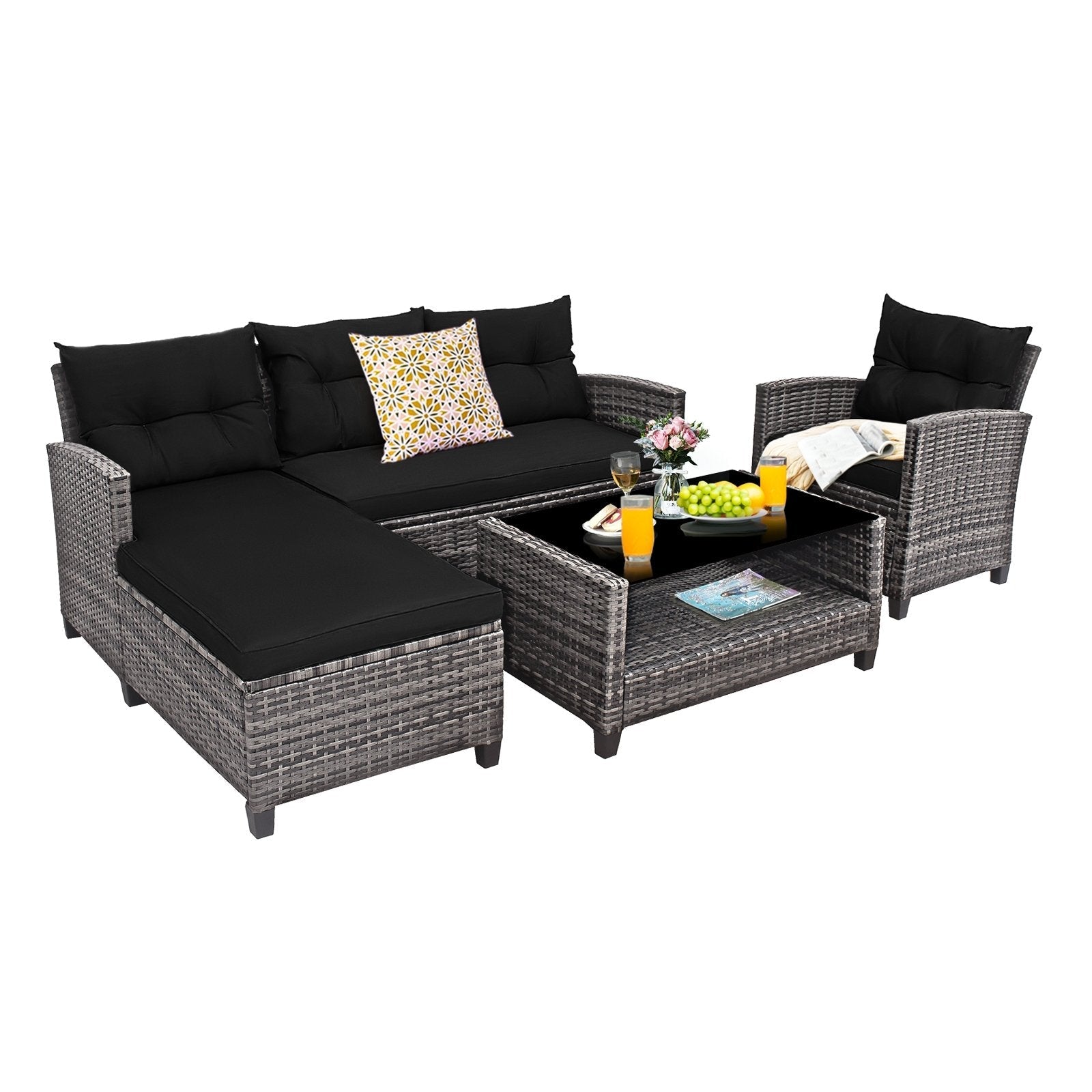 4 Pieces Patio Rattan Sofa Furniture Set with Cushion and 2-Tier Coffee Table-Black