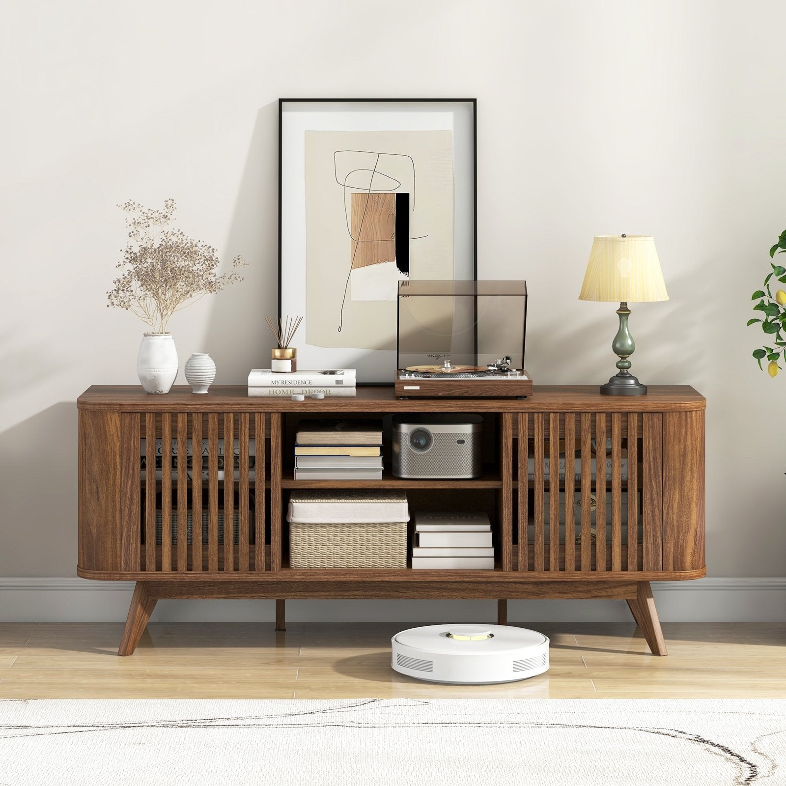 2-Door TV Stand for TVs up to 60 Inches with Adjustable Shelves-Walnut