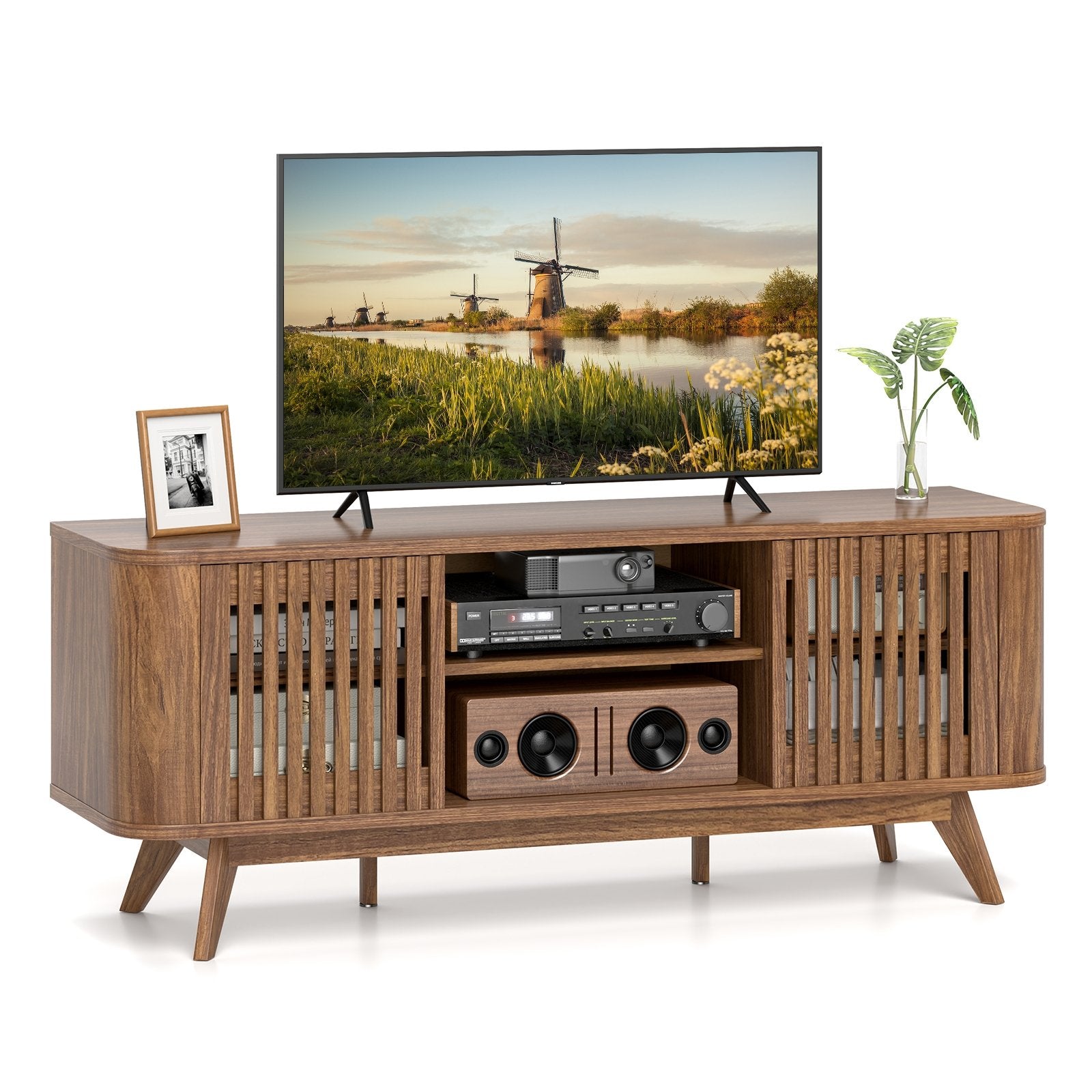 2-Door TV Stand for TVs up to 60 Inches with Adjustable Shelves-Walnut
