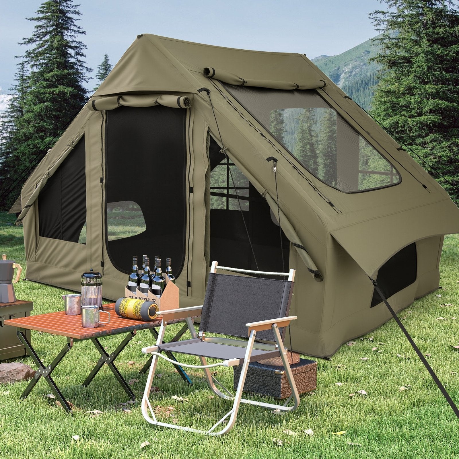 4-6 People Inflatable Camping Tent with 4 Mesh Screen Windows and 2 Doors-Green