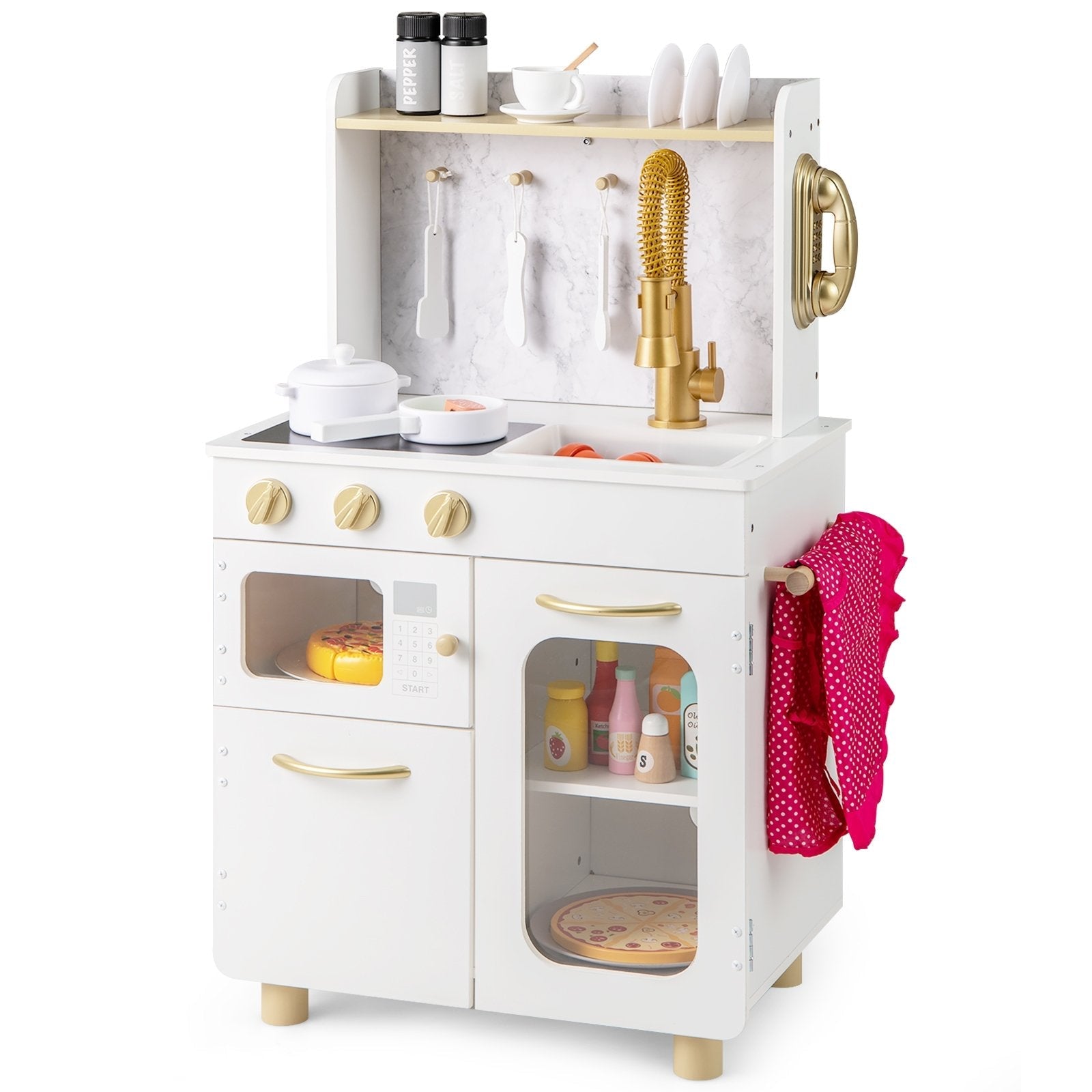 Kids Kitchen Set Pretend Play Kitchen with Stoves Faucet Sink Telephone Microwave and Oven-White