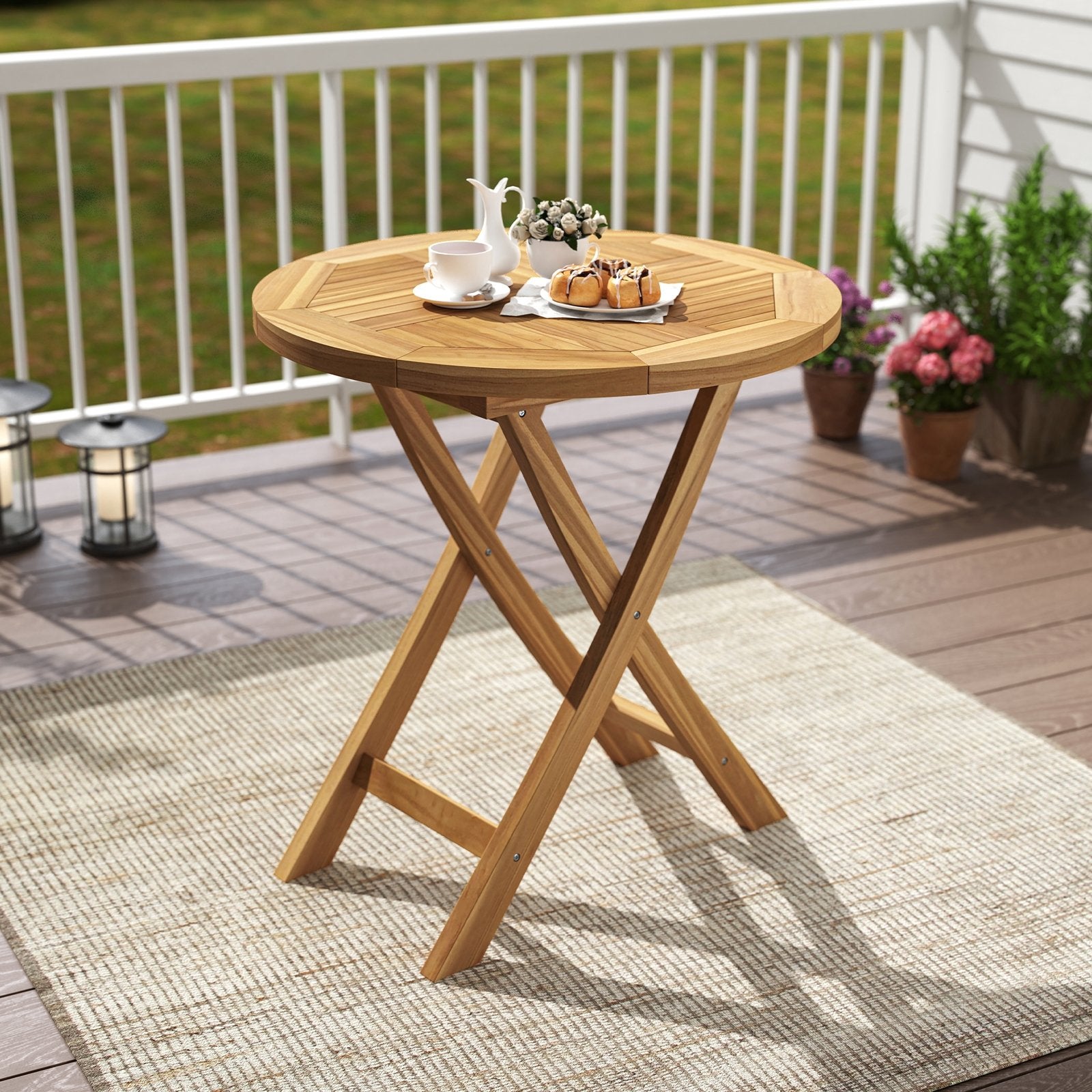 Patio Teak Wood Dining Table with Slatted Tabletop and Sturdy X-Shaped Frame