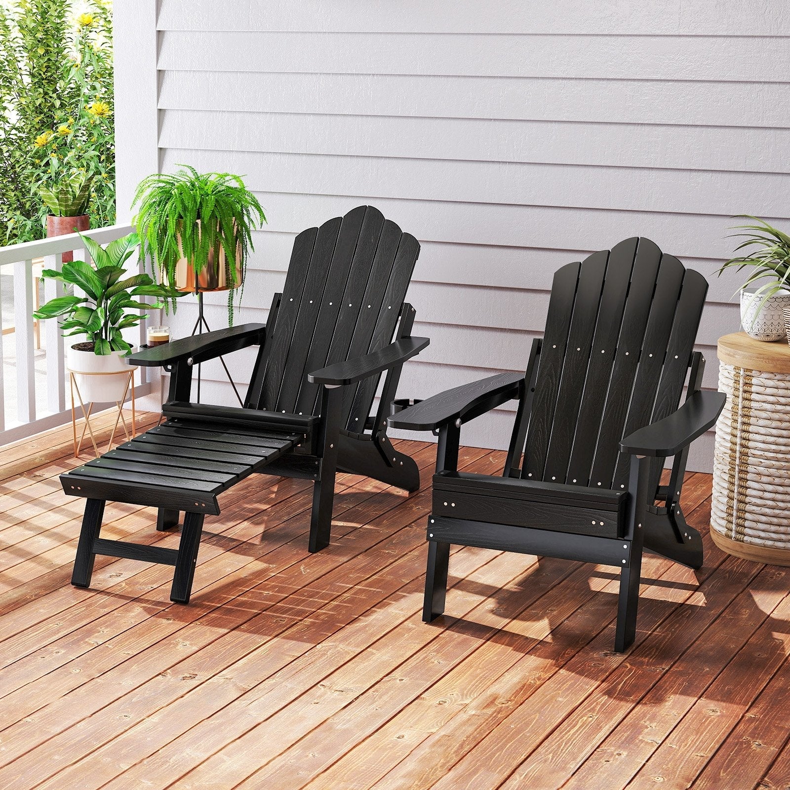 All-Weather HIPS Patio Adirondack Lounge Chair with Retractable Footrest-Black
