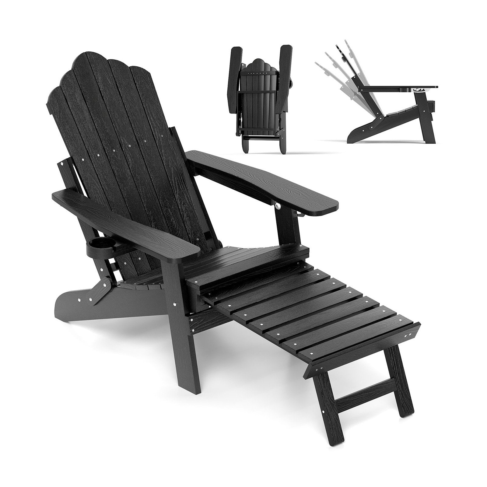 All-Weather HIPS Patio Adirondack Lounge Chair with Retractable Footrest-Black