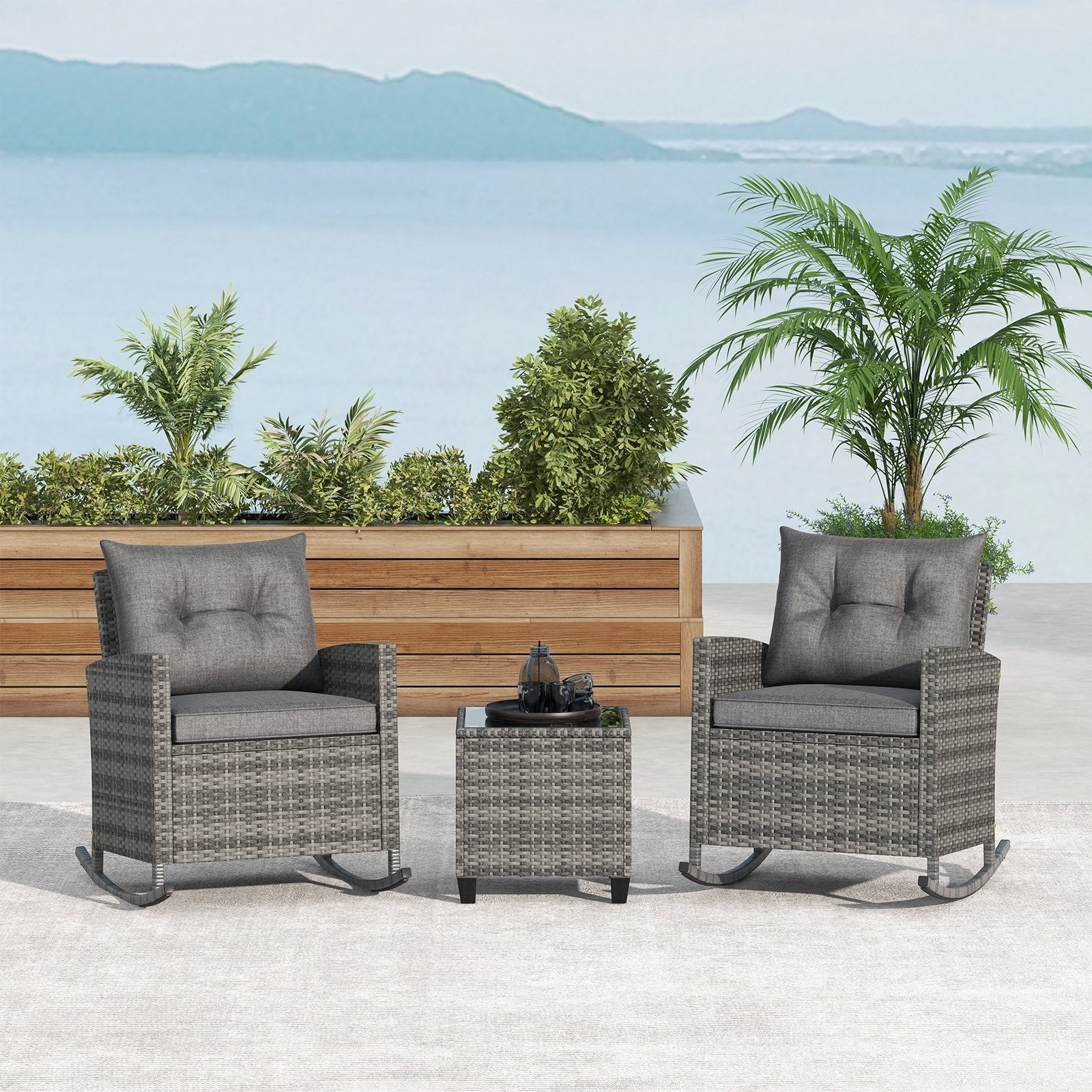 3-Piece Patio Rattan Roker Chairs with Tempered Glass Table and Soft Cushions-Beige