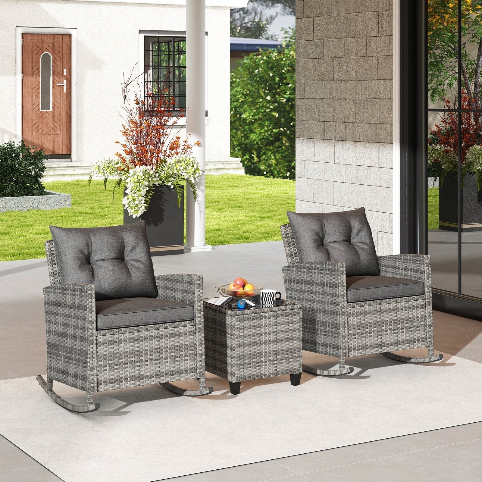3-Piece Patio Rattan Roker Chairs with Tempered Glass Table and Soft Cushions-Beige
