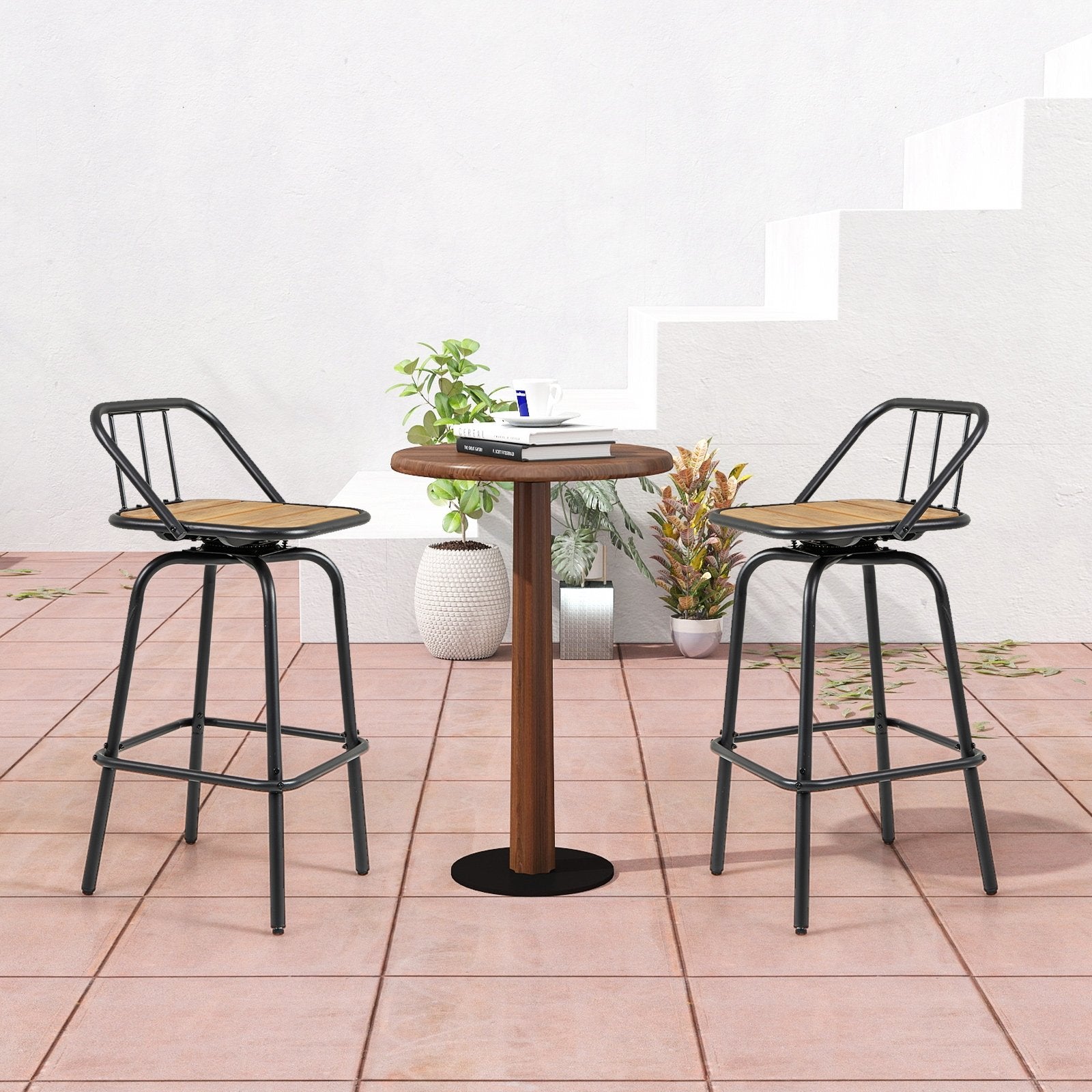360° Swivel Bar Stool Set of 2 with Footrest and Backrest-Balck & Natural