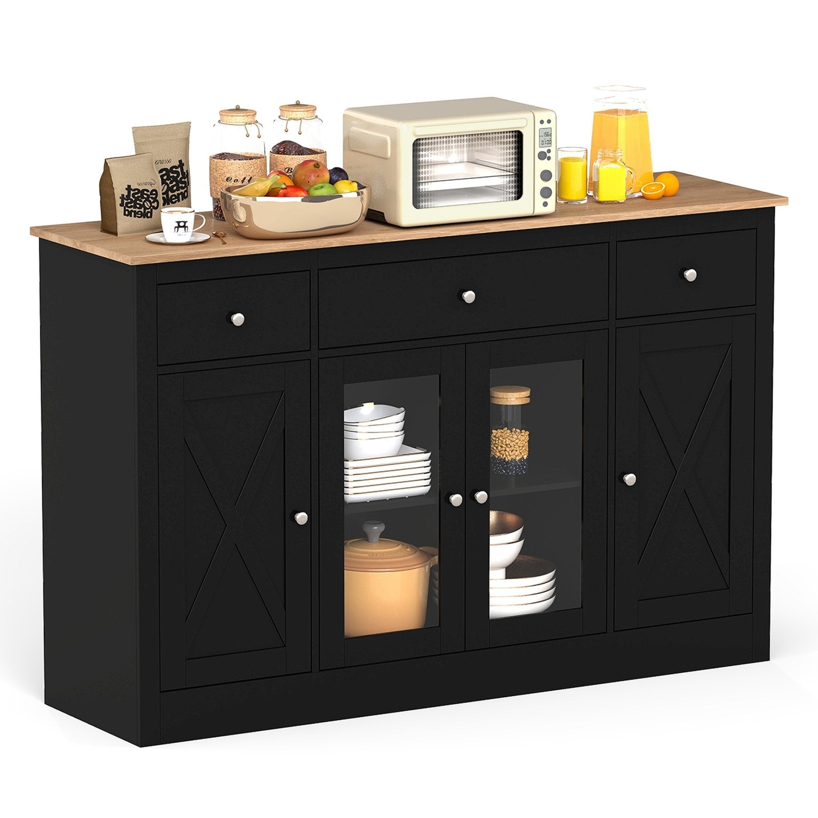 55" Large Buffet Sideboard Kitchen Storage Cabinet with 3 Drawers 2 See-through Doors Adjustable Shelves Wine Bar Table-Black