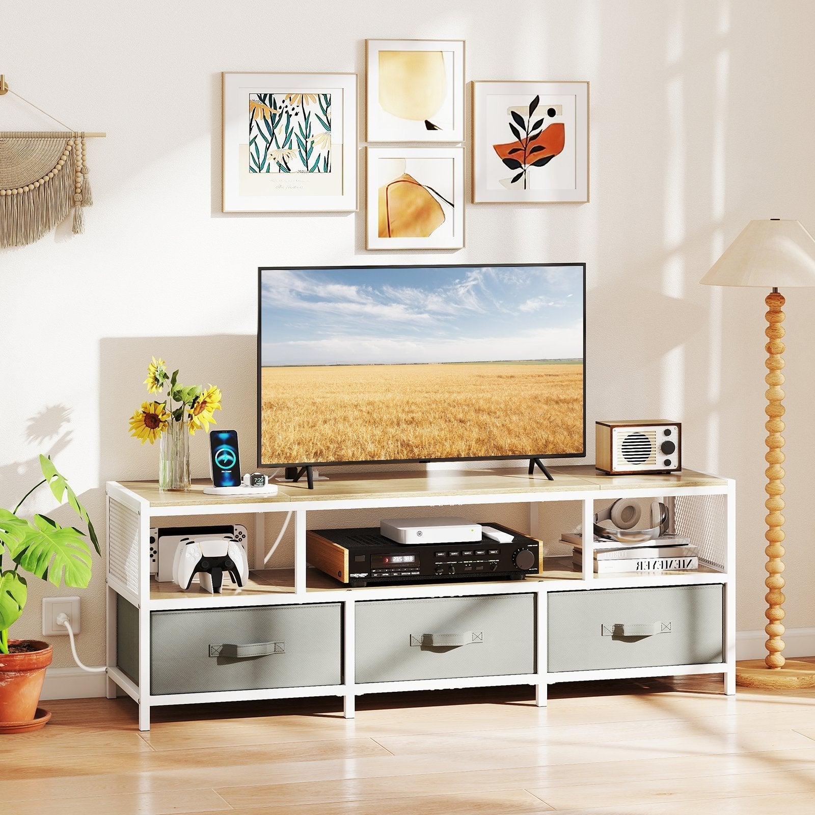 TV Stand for TVs up to 65 Inches with Power Outlets USB Charging-Natural