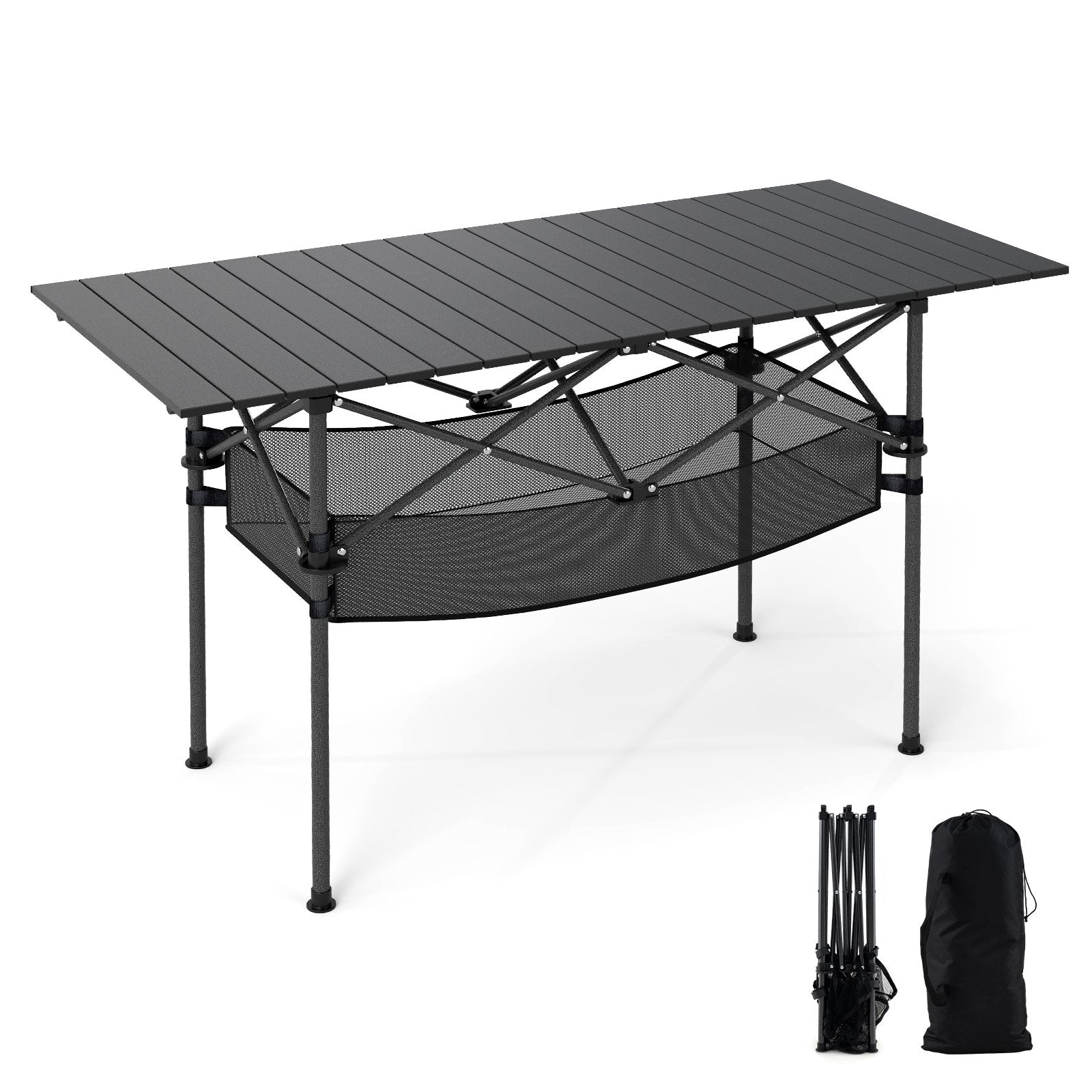 Patio Folding Camping Table with Roll-up Tabletop and Mesh Basket-Black