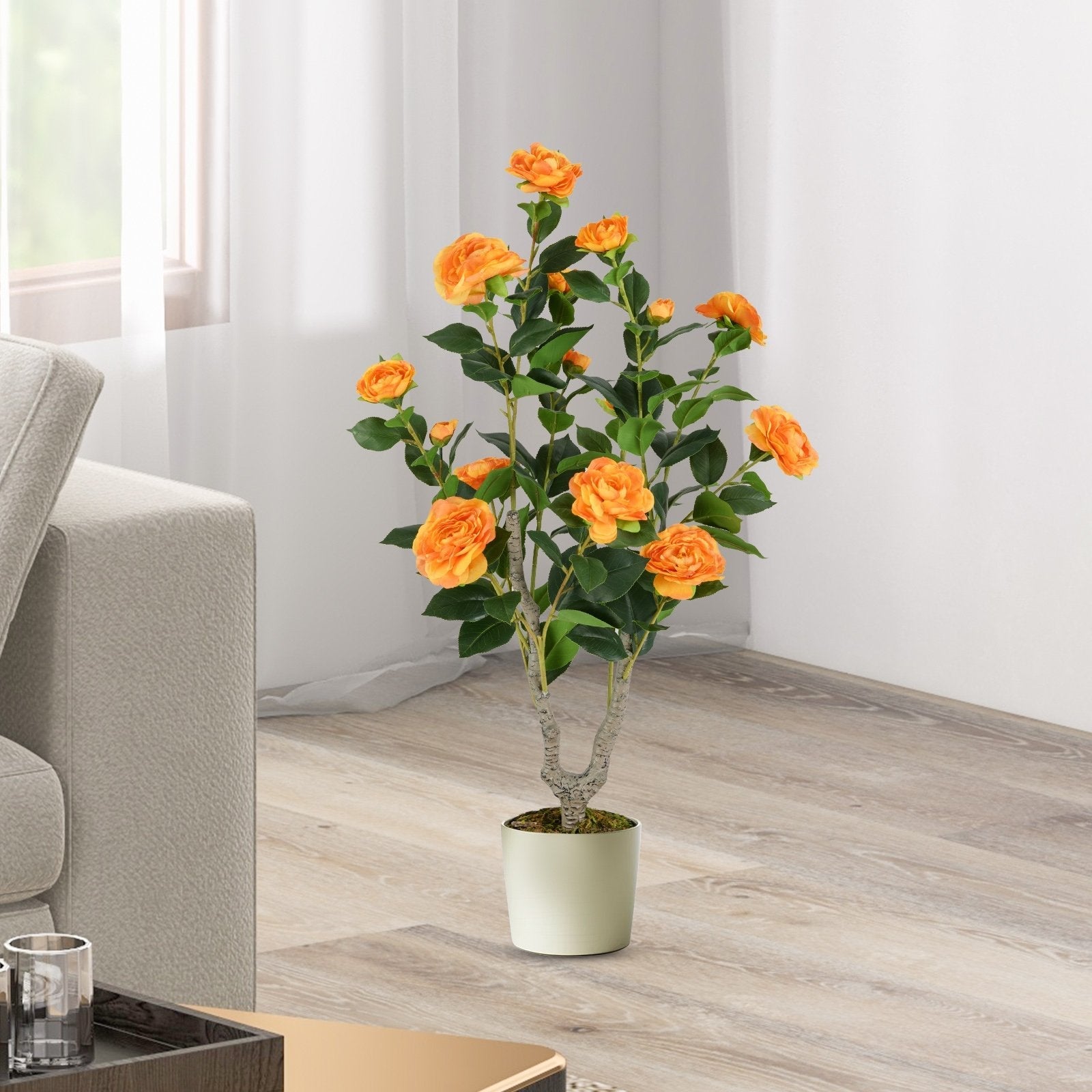 36 Inch Artificial Camellia Tree with Blooming Flower 1 Pack-Orange