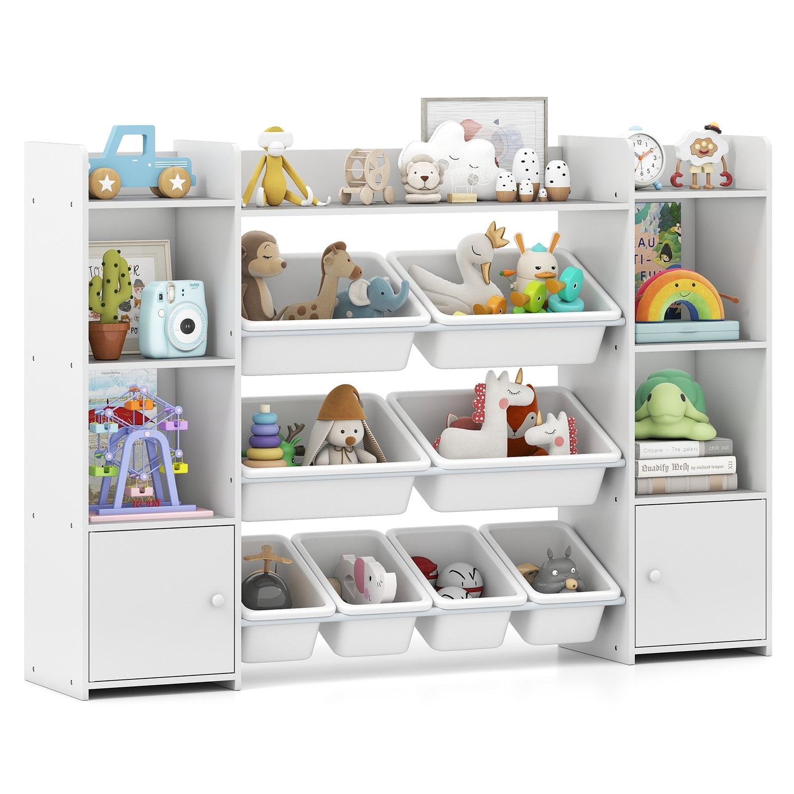56 inch Large Toy Storage Organizer with 8 Removable Bins and Bookshelf-Gray