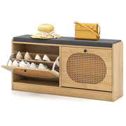 Shoe Storage Bench with Cushion Entryway Rattan Shoe Bench-Natural