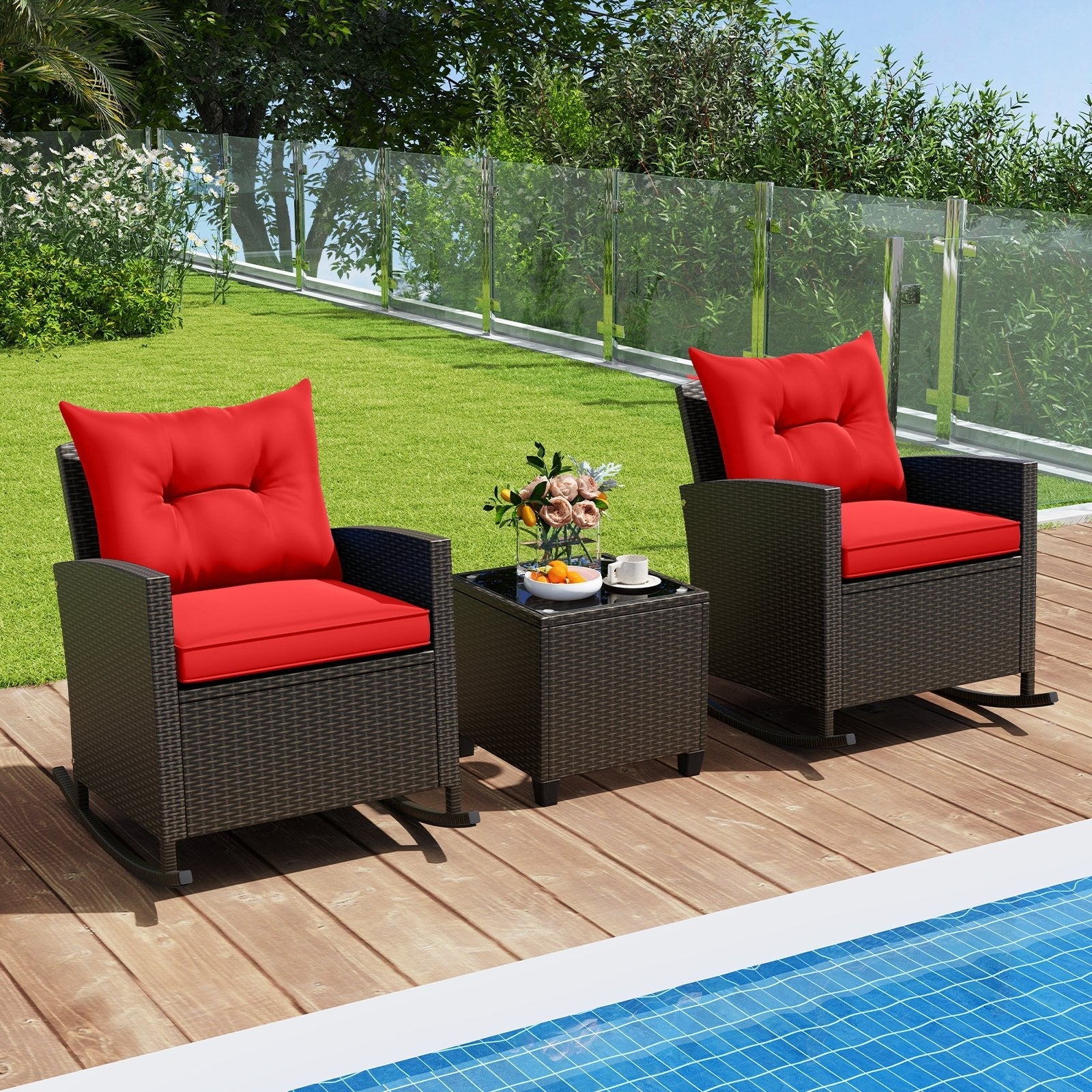 3-Piece Patio Rattan Roker Chairs with Tempered Glass Table and Soft Cushions-Beige