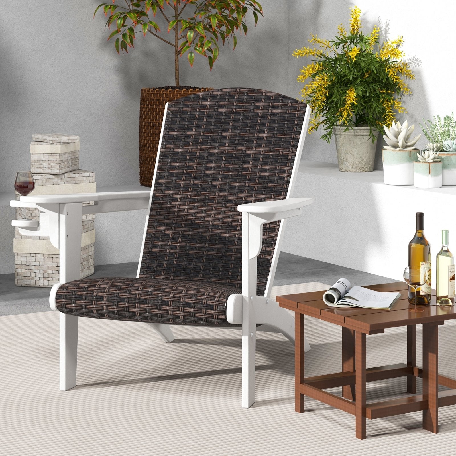 Patio Adirondack Chair with Rattan Padded Seat and Hidden Cupholder-Black