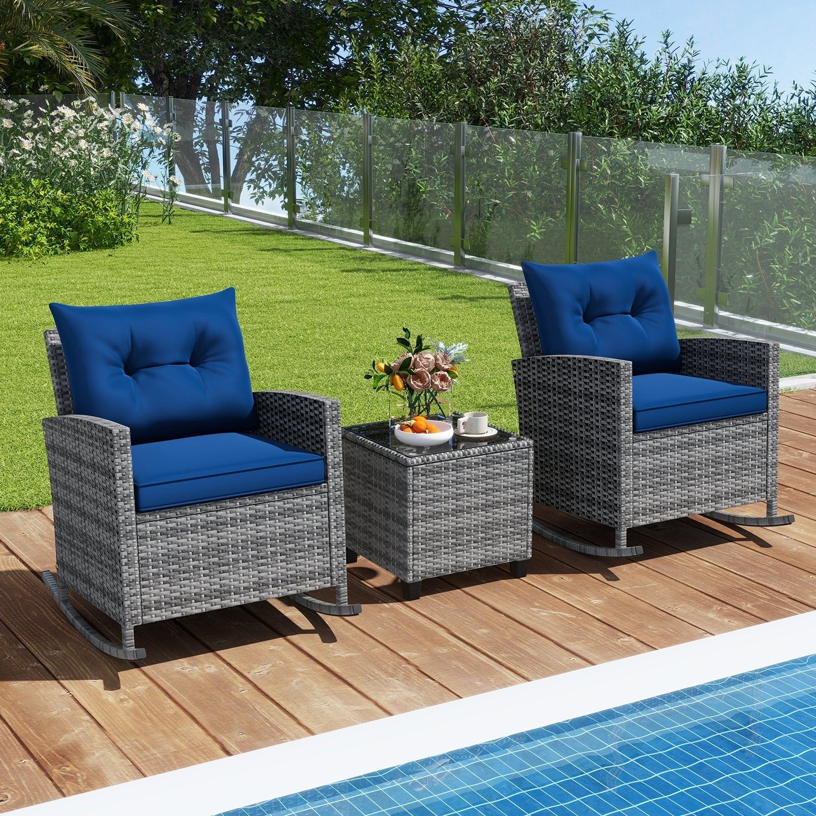 3-Piece Patio Rattan Roker Chairs with Tempered Glass Table and Soft Cushions-Beige