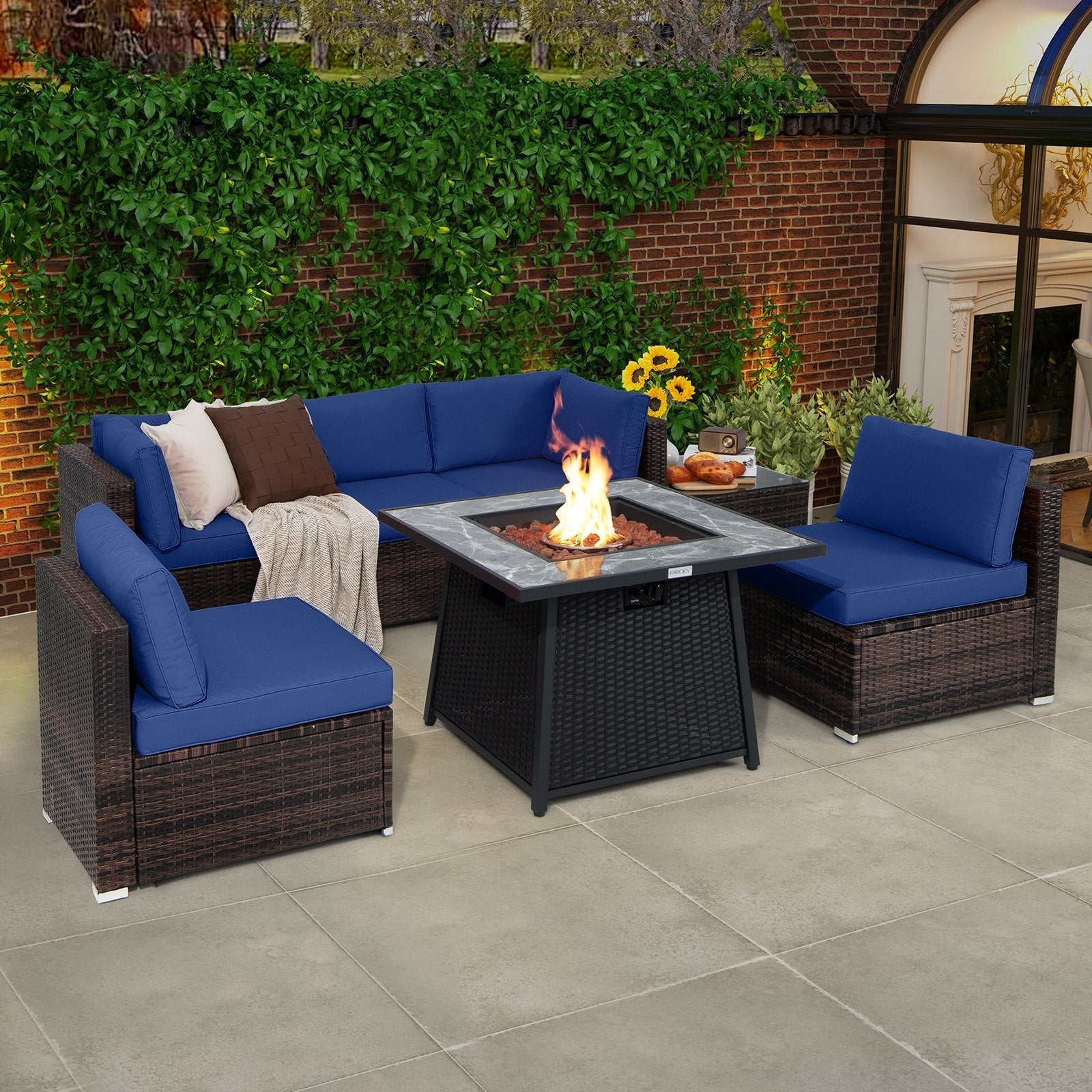 7 Pieces Patio Furniture Set with 35 Inches 50000 BTU Propane Gas Fire Pit Table and Waterproof Cover for Firpit-Beige