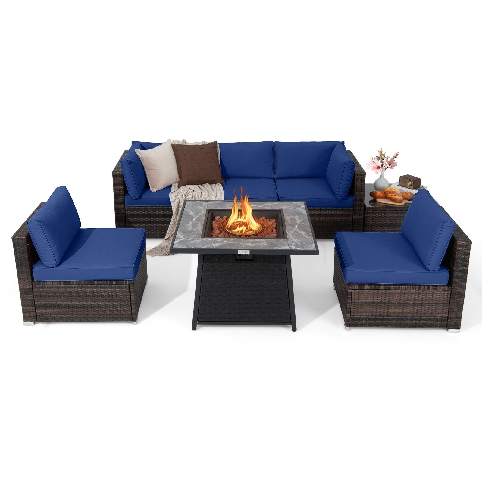 7 Pieces Patio Furniture Set with 35 Inches 50000 BTU Propane Gas Fire Pit Table and Waterproof Cover for Firpit-Beige