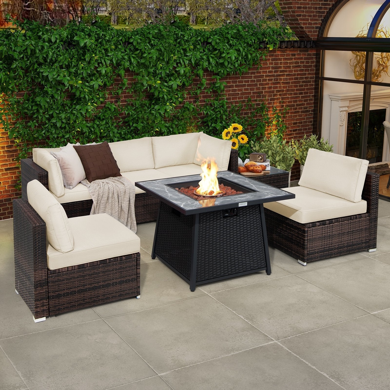 7 Pieces Patio Furniture Set with 35 Inches 50000 BTU Propane Gas Fire Pit Table and Waterproof Cover for Firpit-Beige