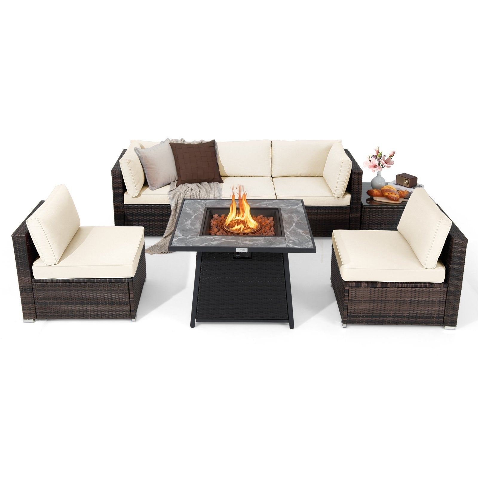 7 Pieces Patio Furniture Set with 35 Inches 50000 BTU Propane Gas Fire Pit Table and Waterproof Cover for Firpit-Beige
