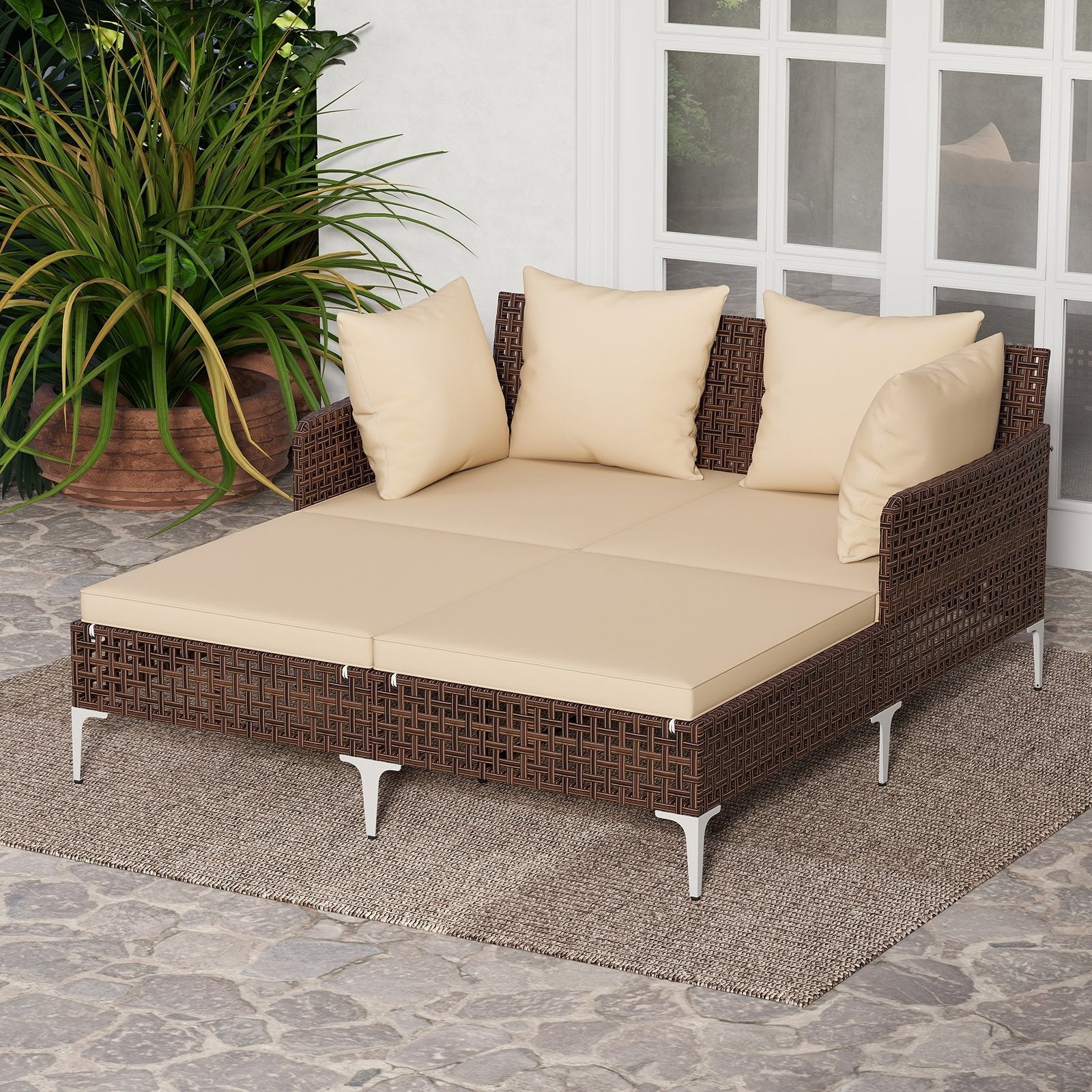 Outdoor Rattan Double Daybed Wicker Chaise Lounge-Brown
