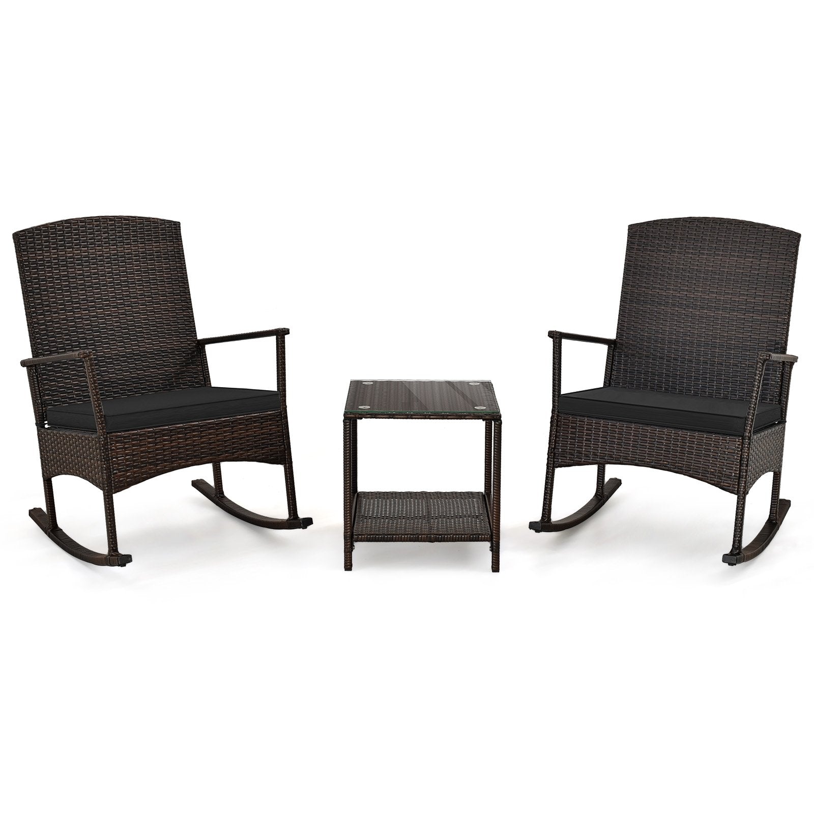 3 Piece Patio Rocking Set Wicker Rocking Chairs with 2-Tier Coffee Table-Black